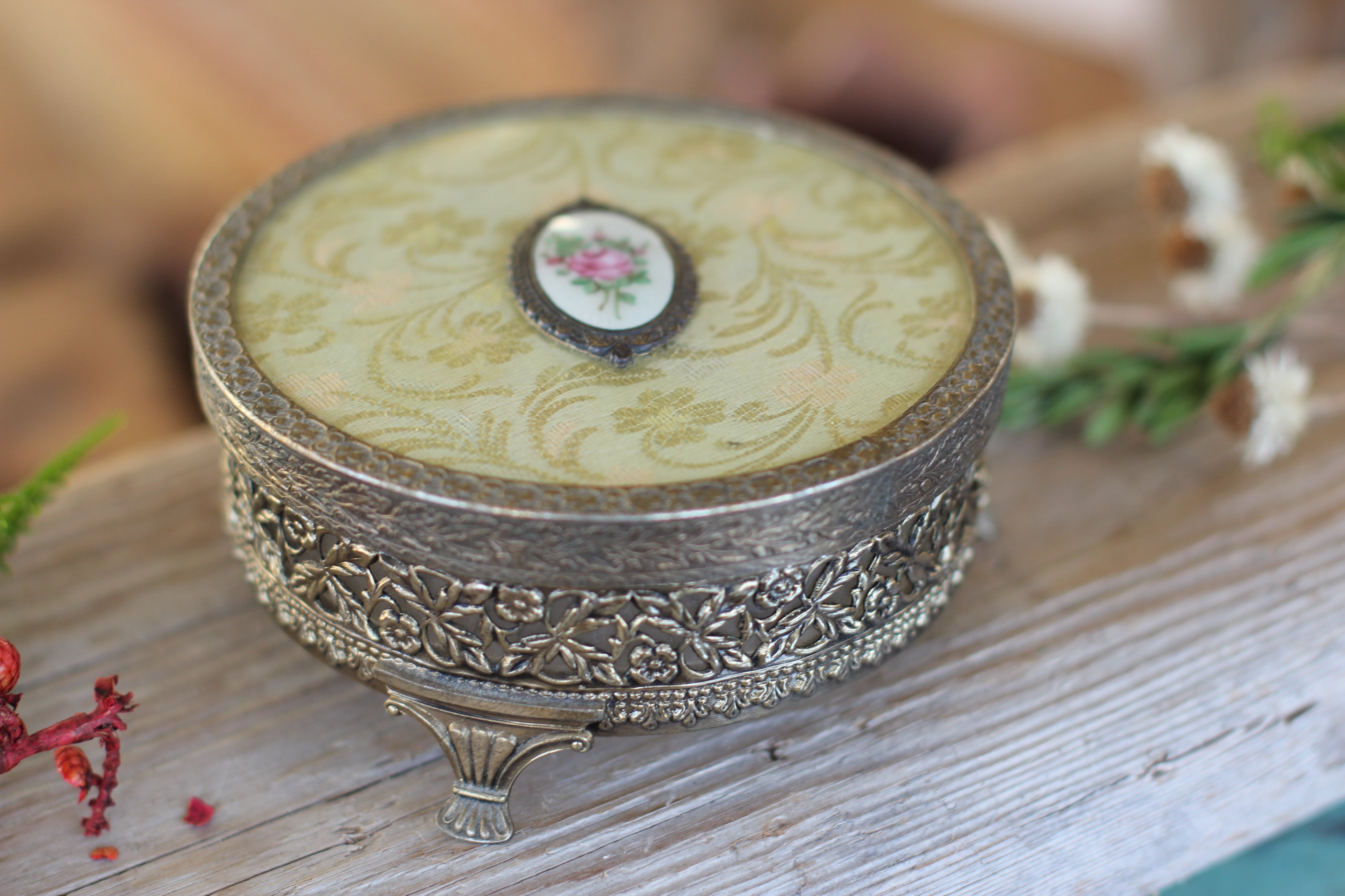 Antique Floral Gold Brocade Filigree Jar