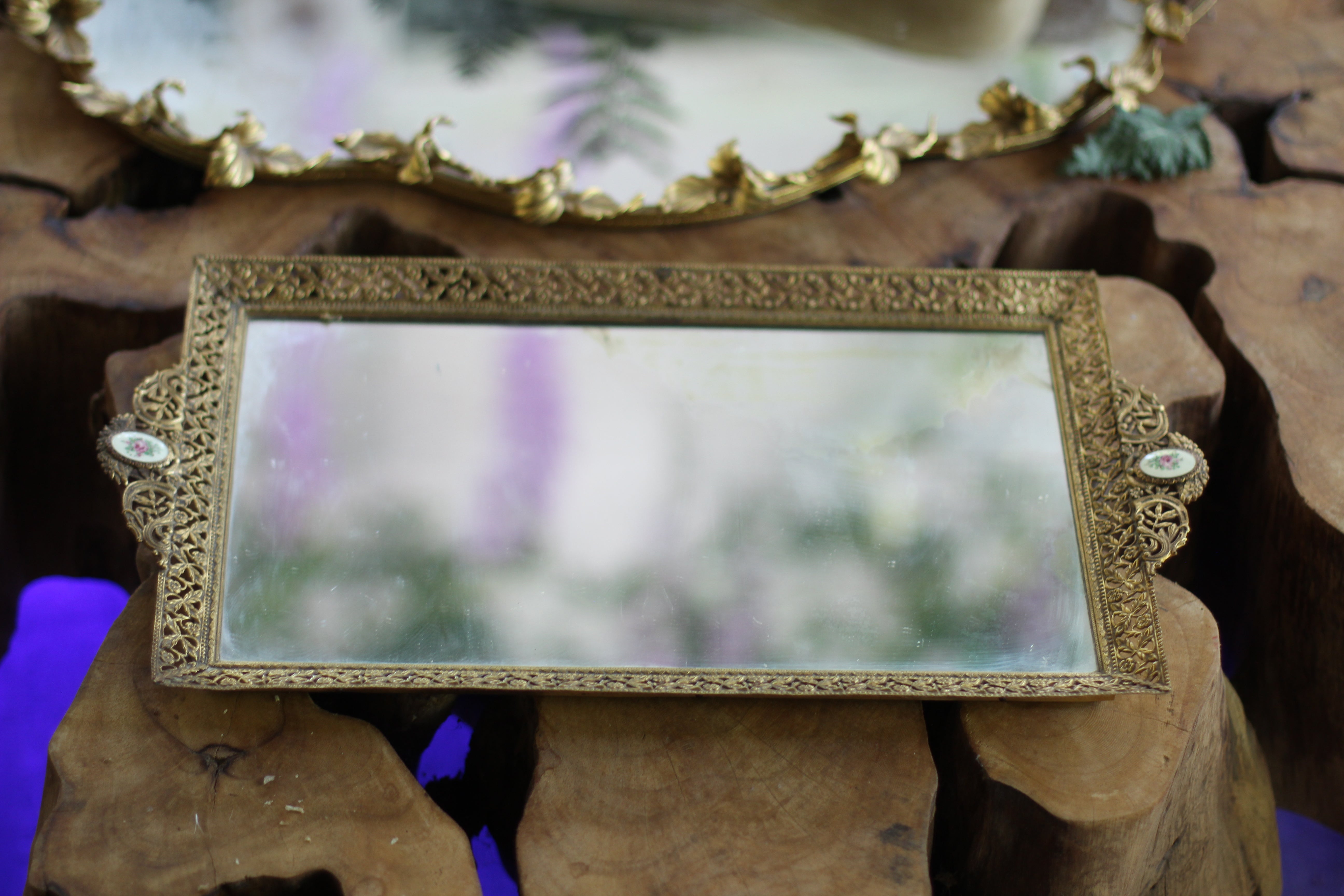 Antique Floral Roses Guiloche Mirror Tray