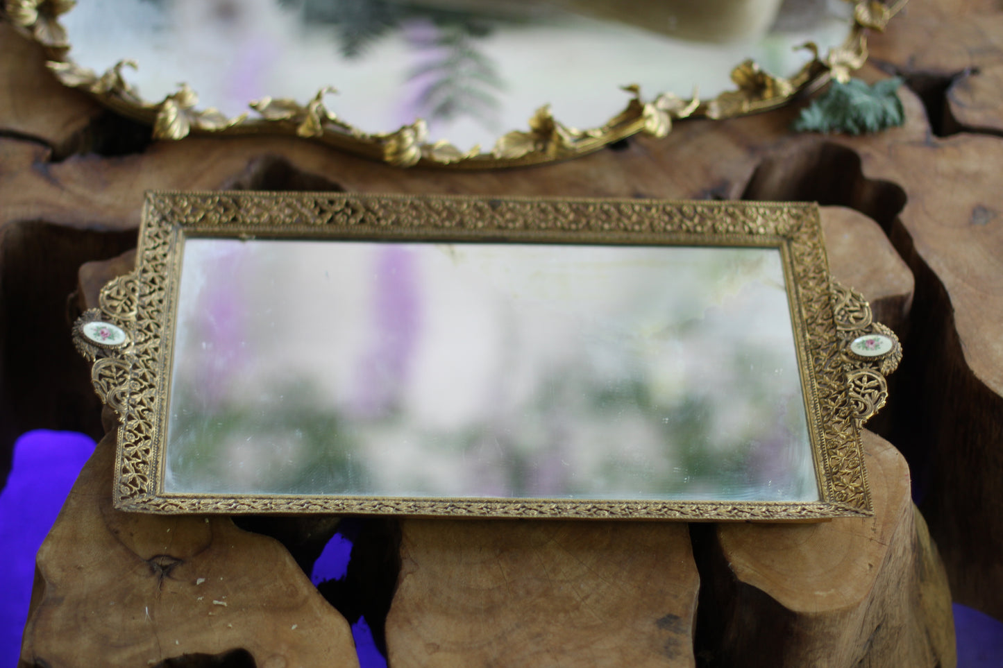 Antique Floral Roses Guiloche Mirror Tray