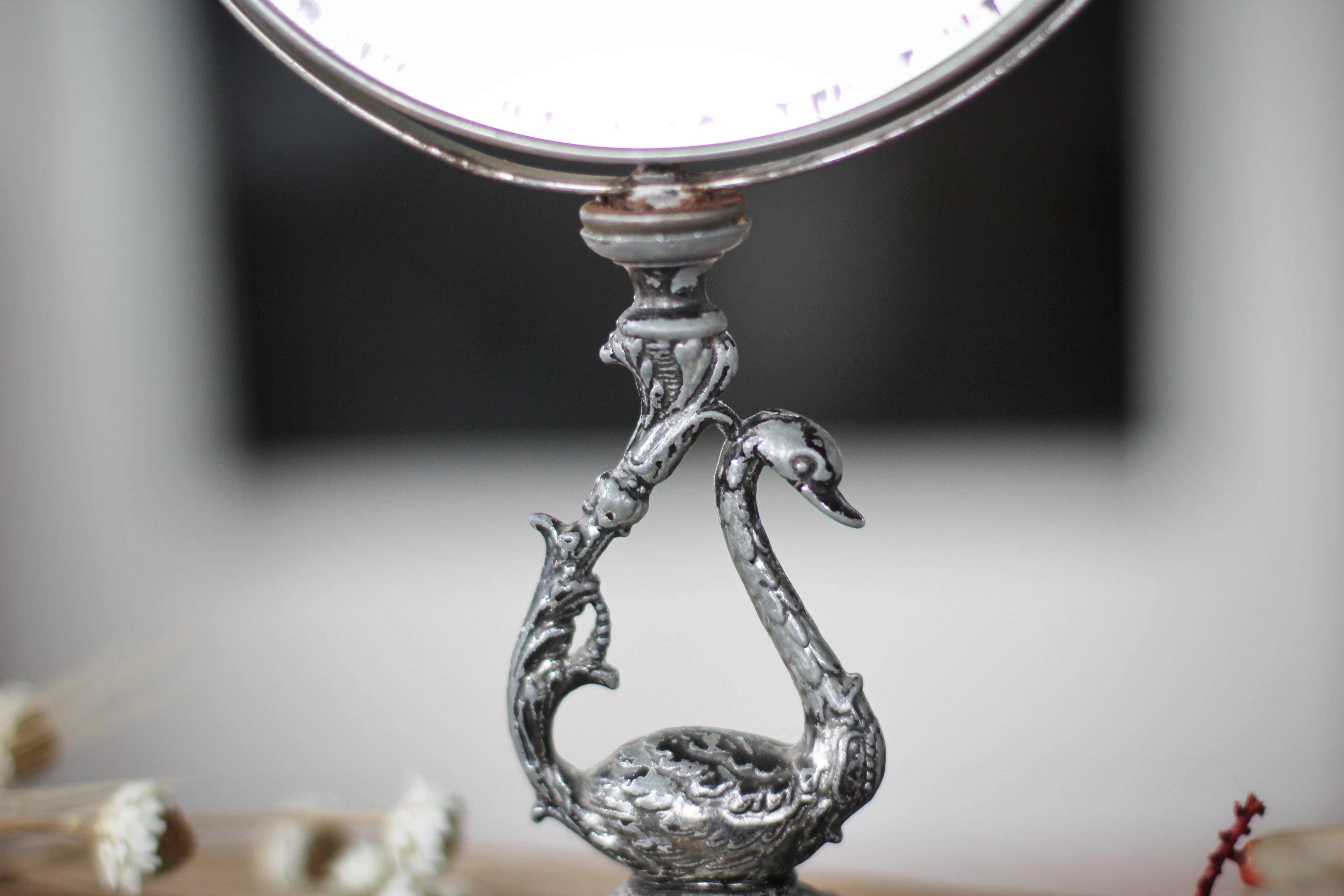 Vintage Silver Bird Vanity Pedestal Mirror on Base 2 Sided Magnifier