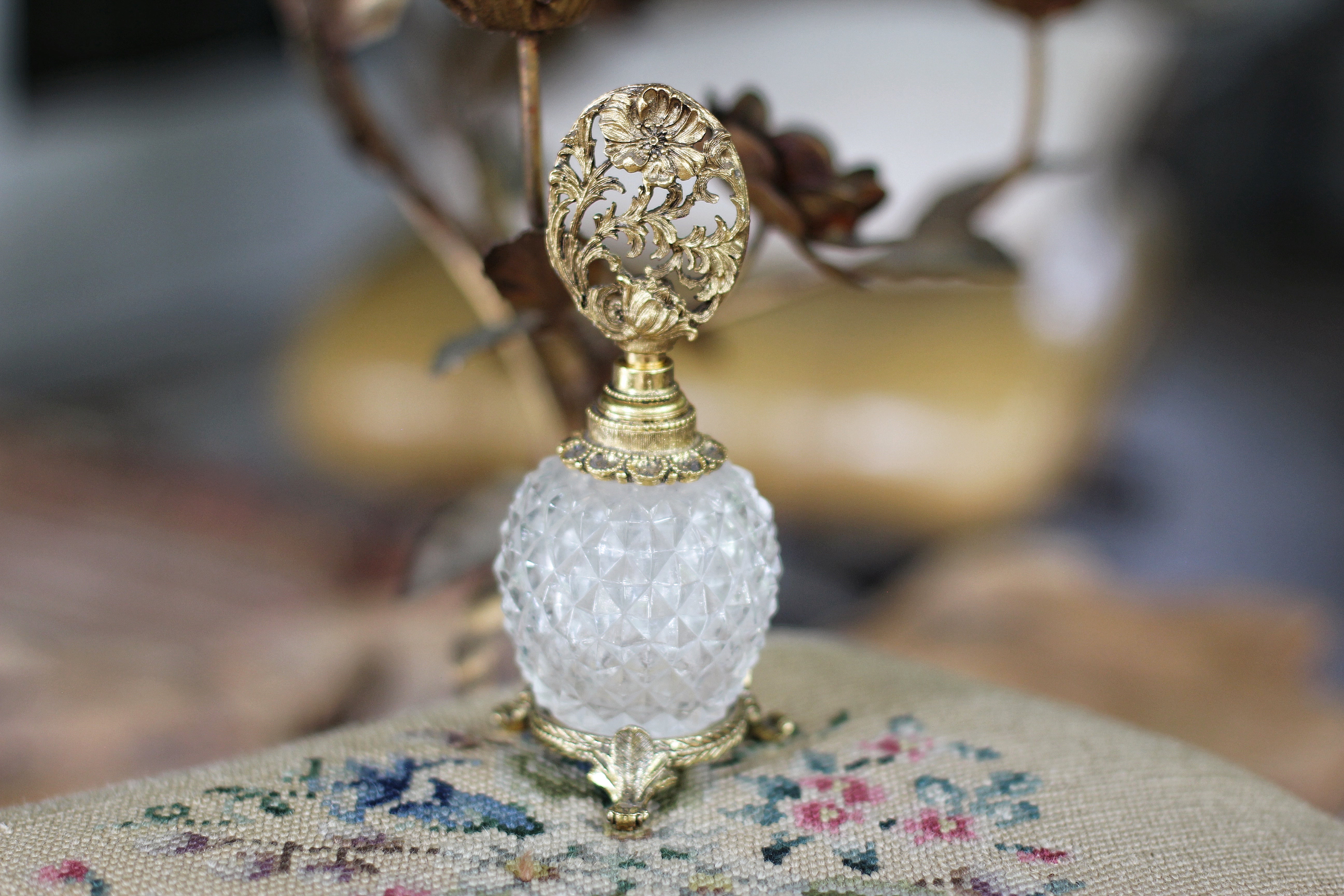 Antique Gold Dogwood Matson Perfume Bottle