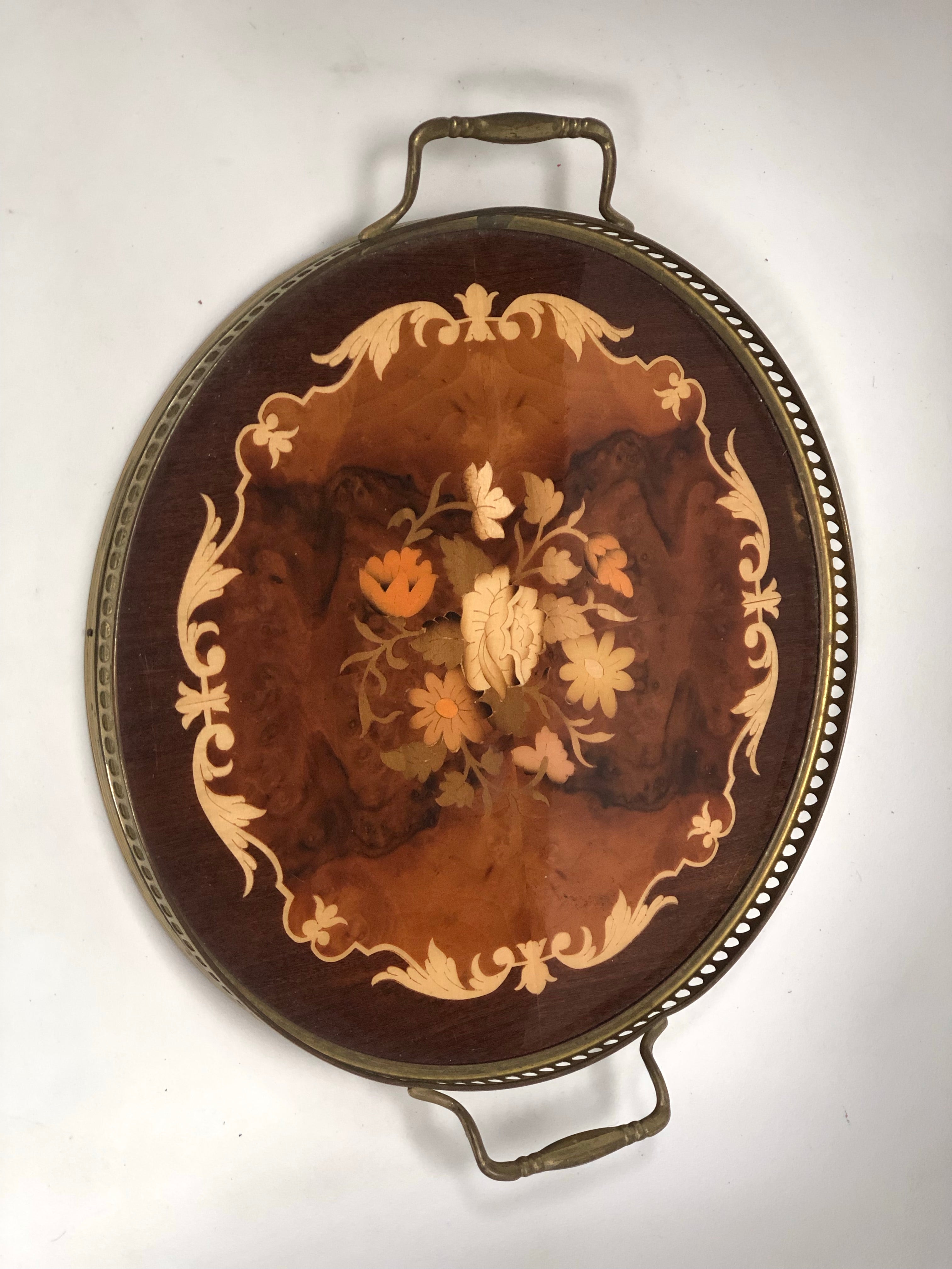 Antique Marquetry Wood Floral Tray