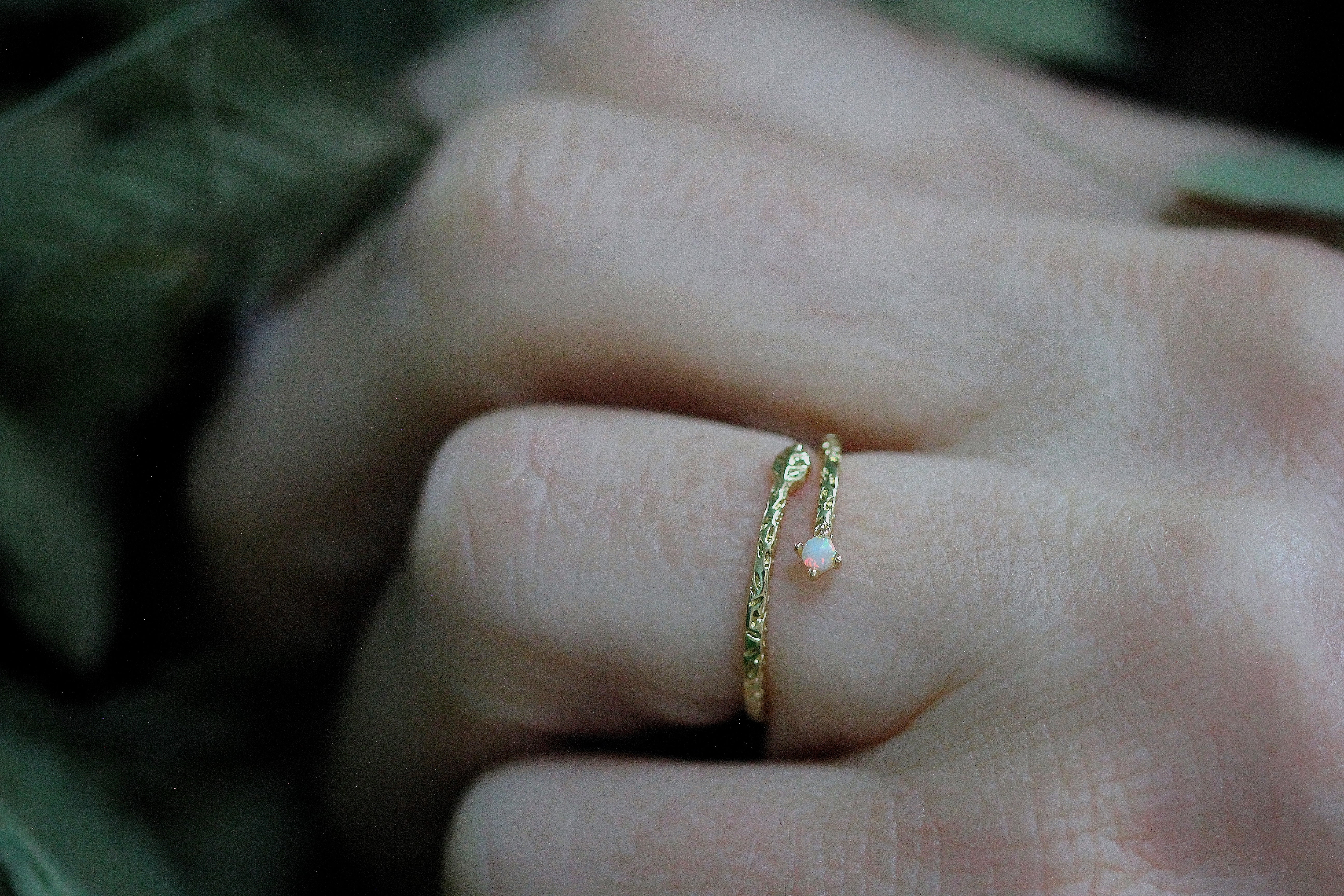 Tiny Leaf & Opal Ring