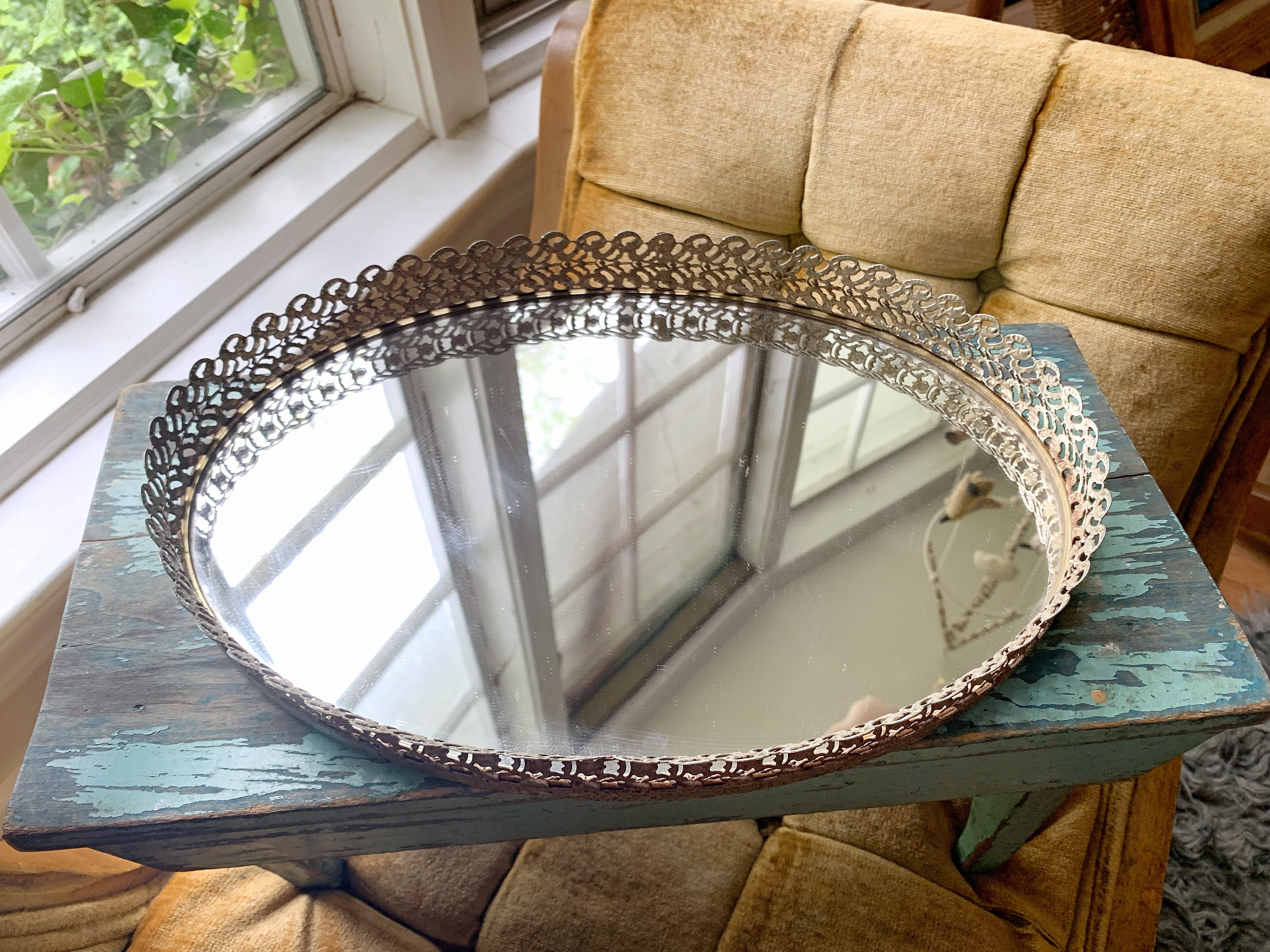 Antique Oval Filigree Mirror Tray