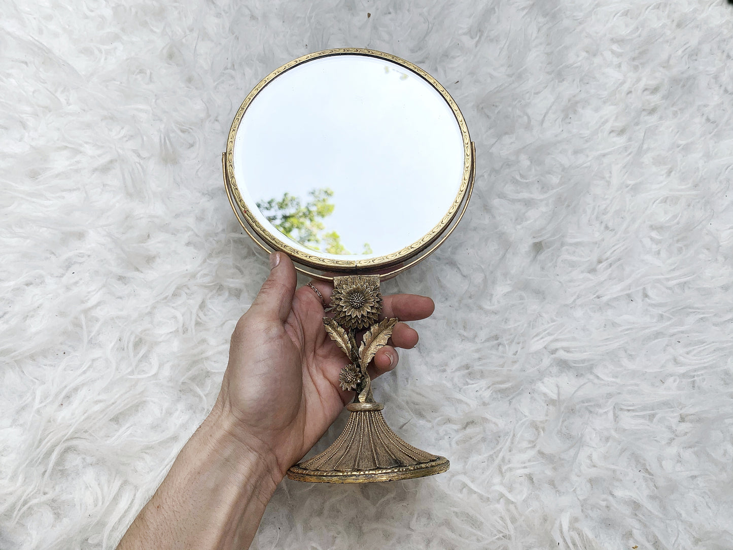 Vintage Matson Vanity Pedestal Mirror Gold Gilt Sunflower on Base 2 Sided Magnifier