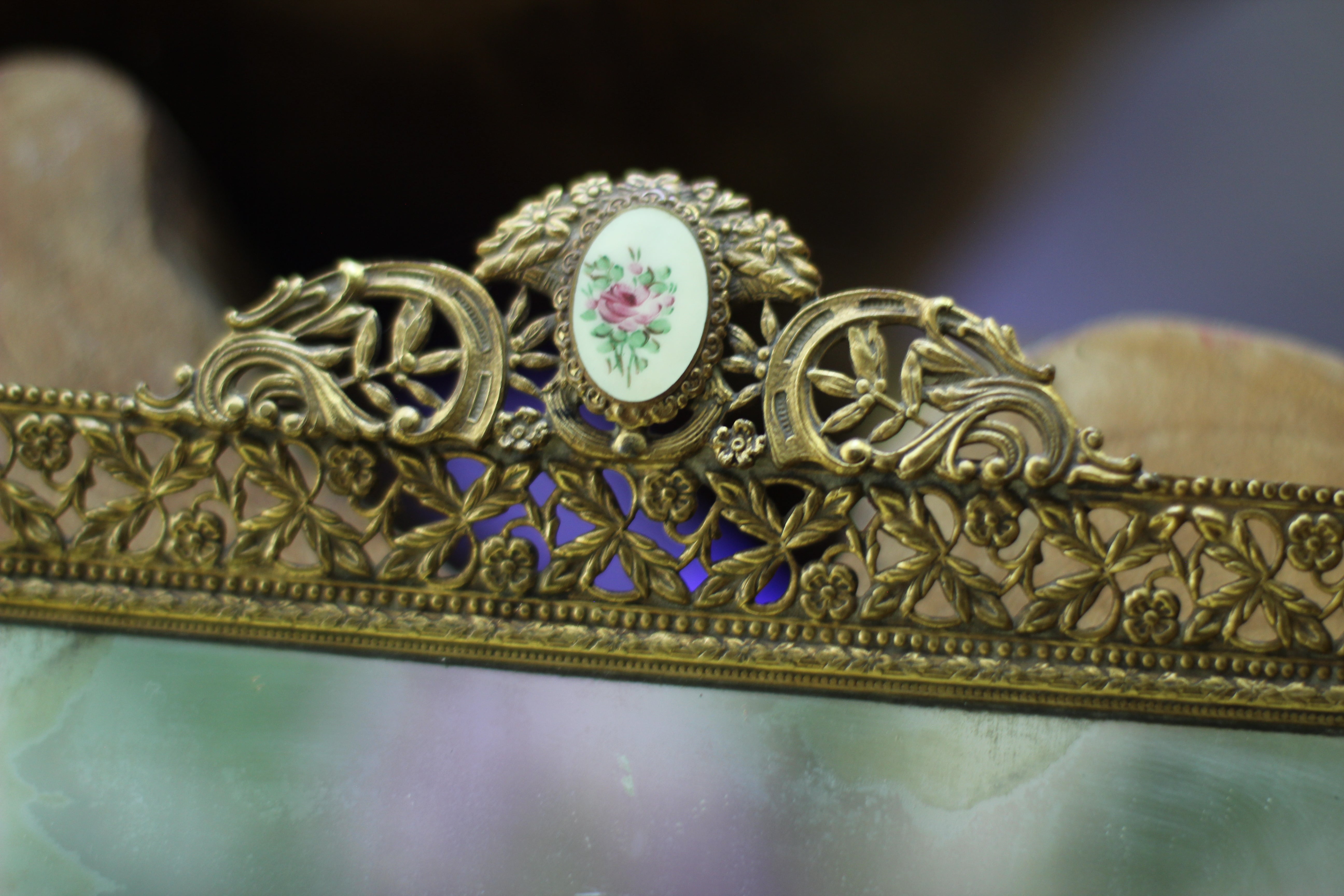 Antique Floral Roses Guiloche Mirror Tray