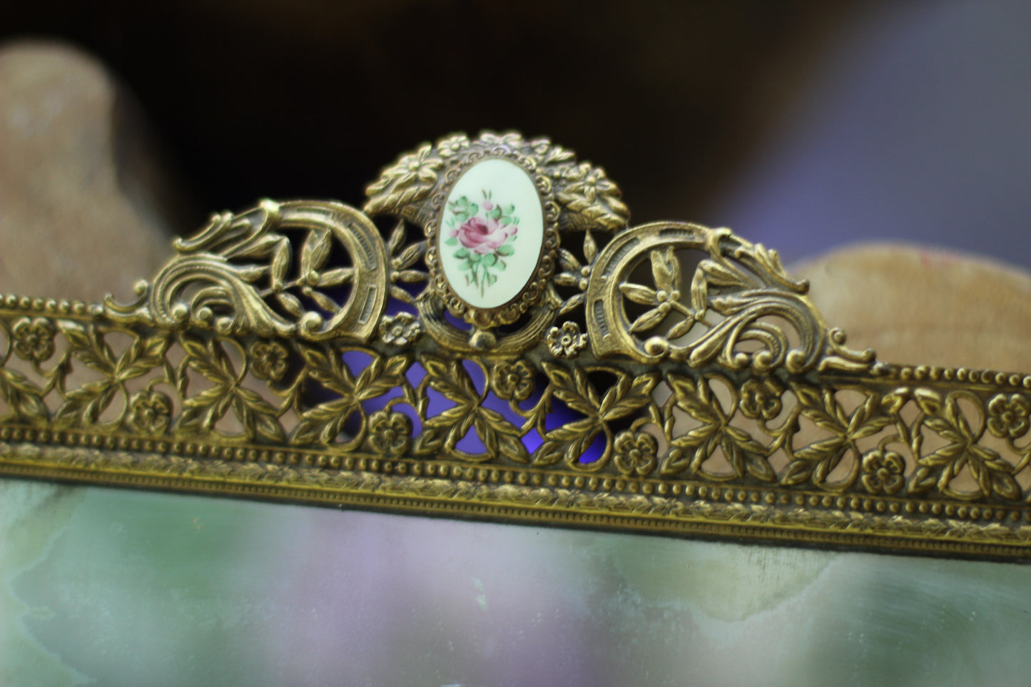 Antique Floral Roses Guiloche Mirror Tray