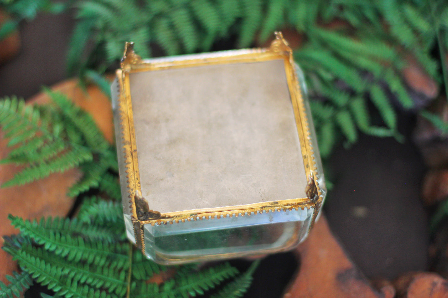 Antique French Victorian Tufted Square Glass Jewelry Box Ormolu