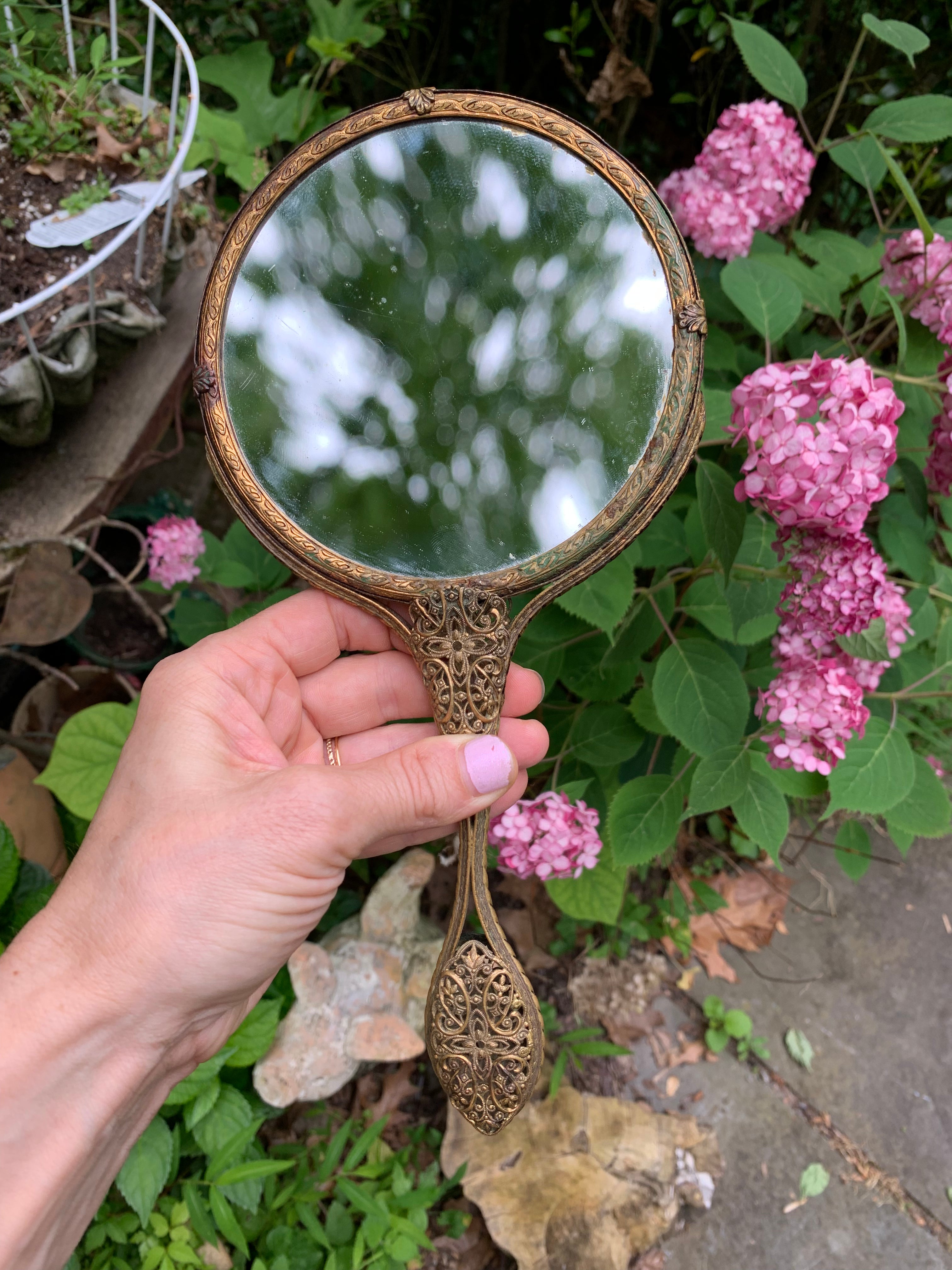 Antique Bronze Filigree 2 Sided Magnifying Hand Mirror