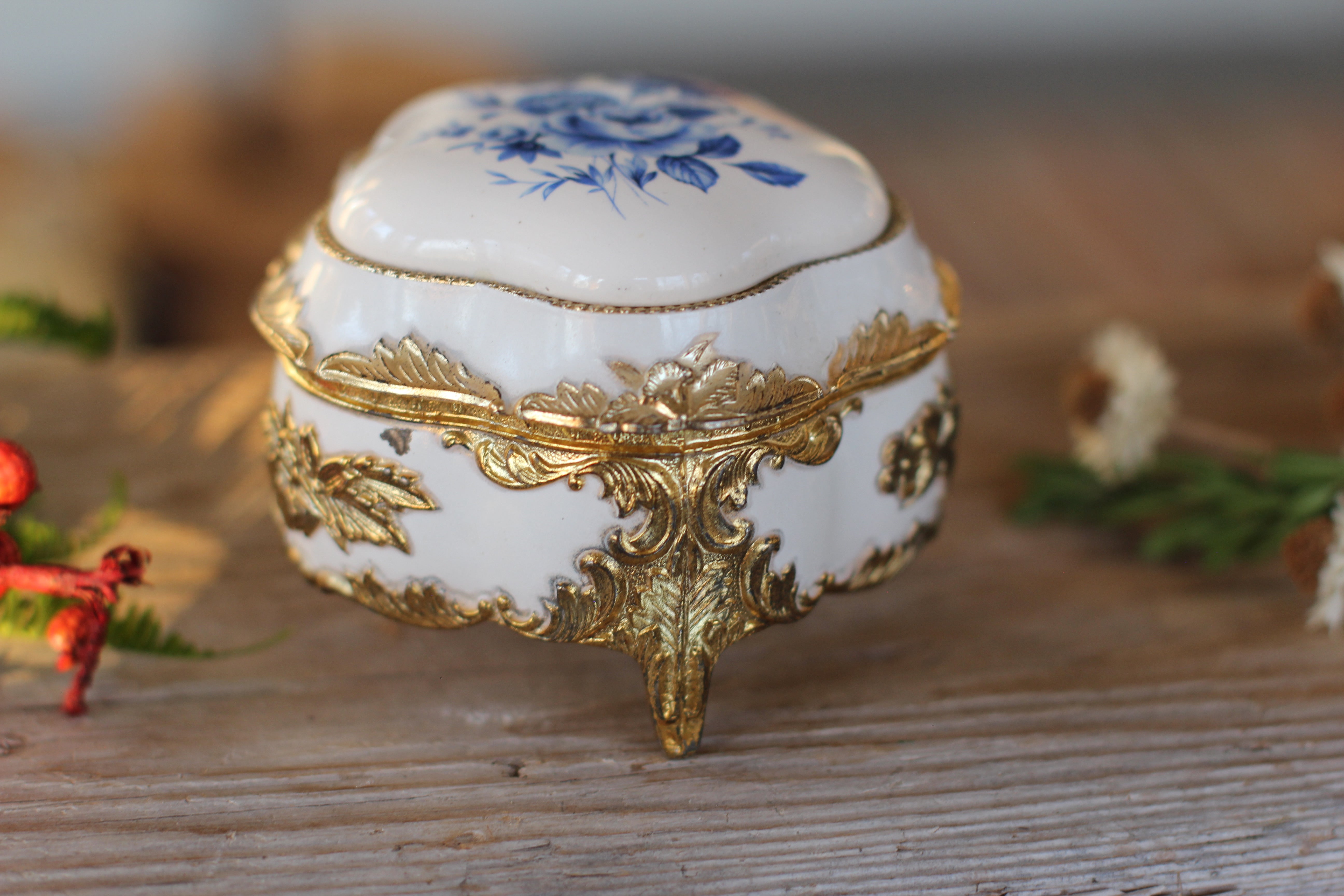 Antique Blue Flowers Jewelry Box