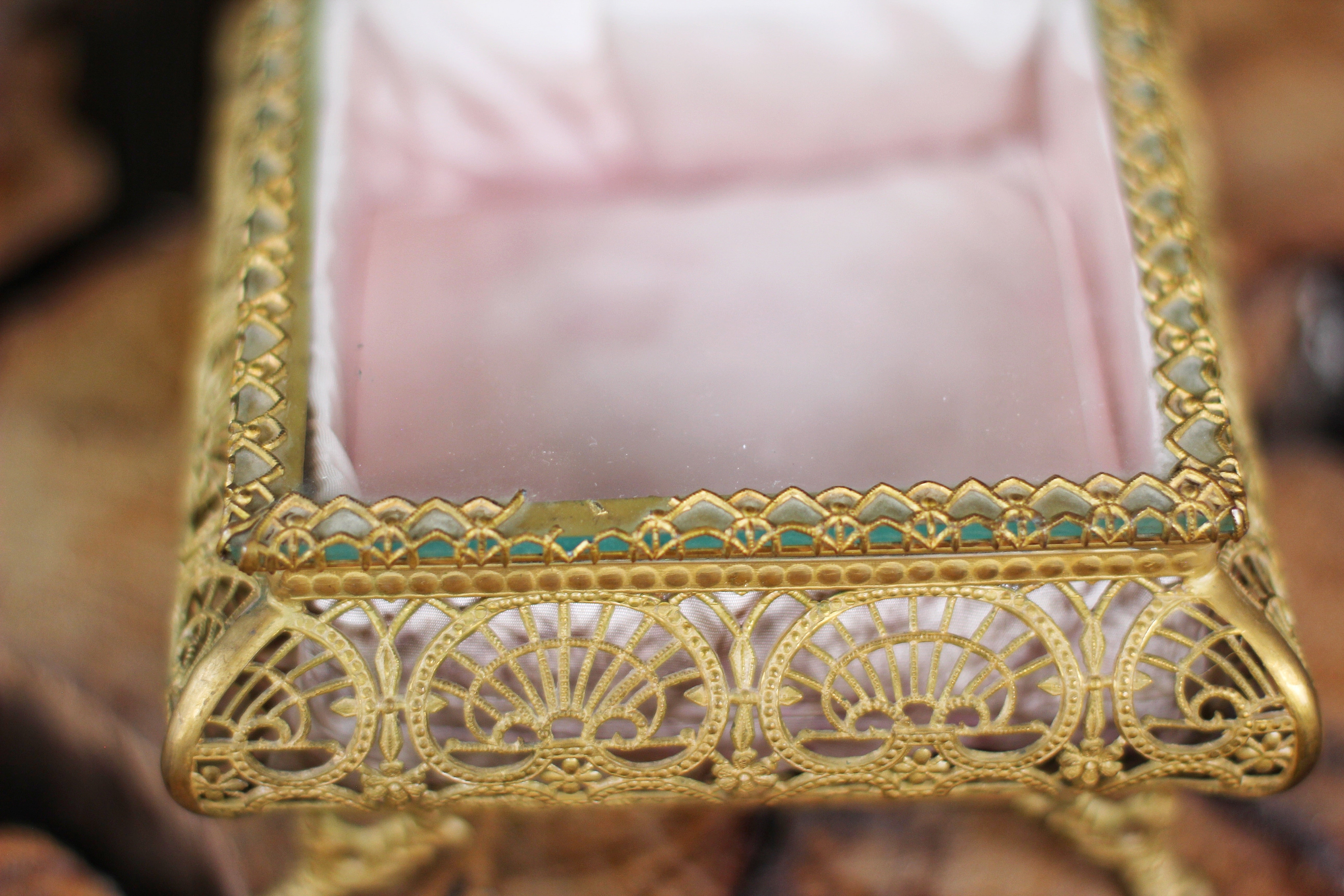Antique French Filigree Pink Satin Jewelry Box