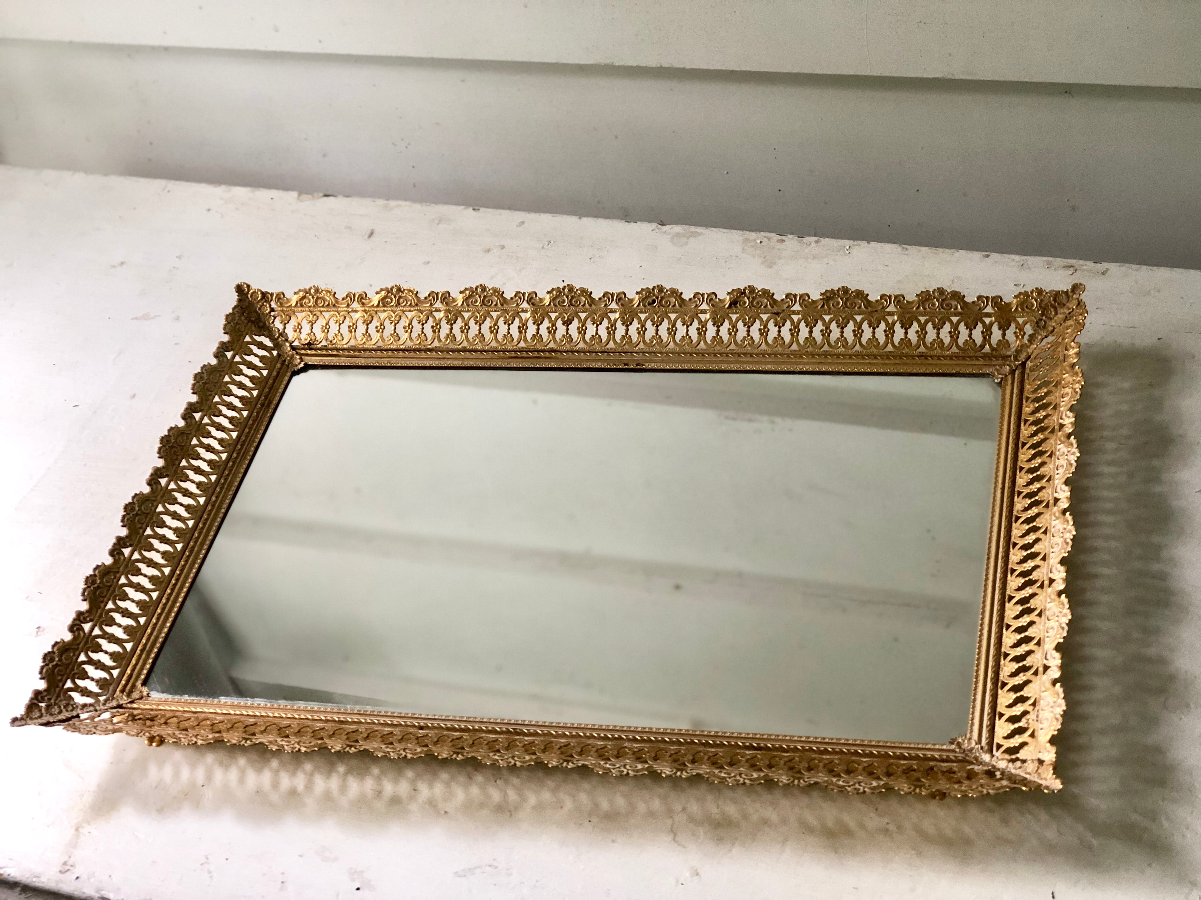 Antique Rectangle Lace Mirror Tray