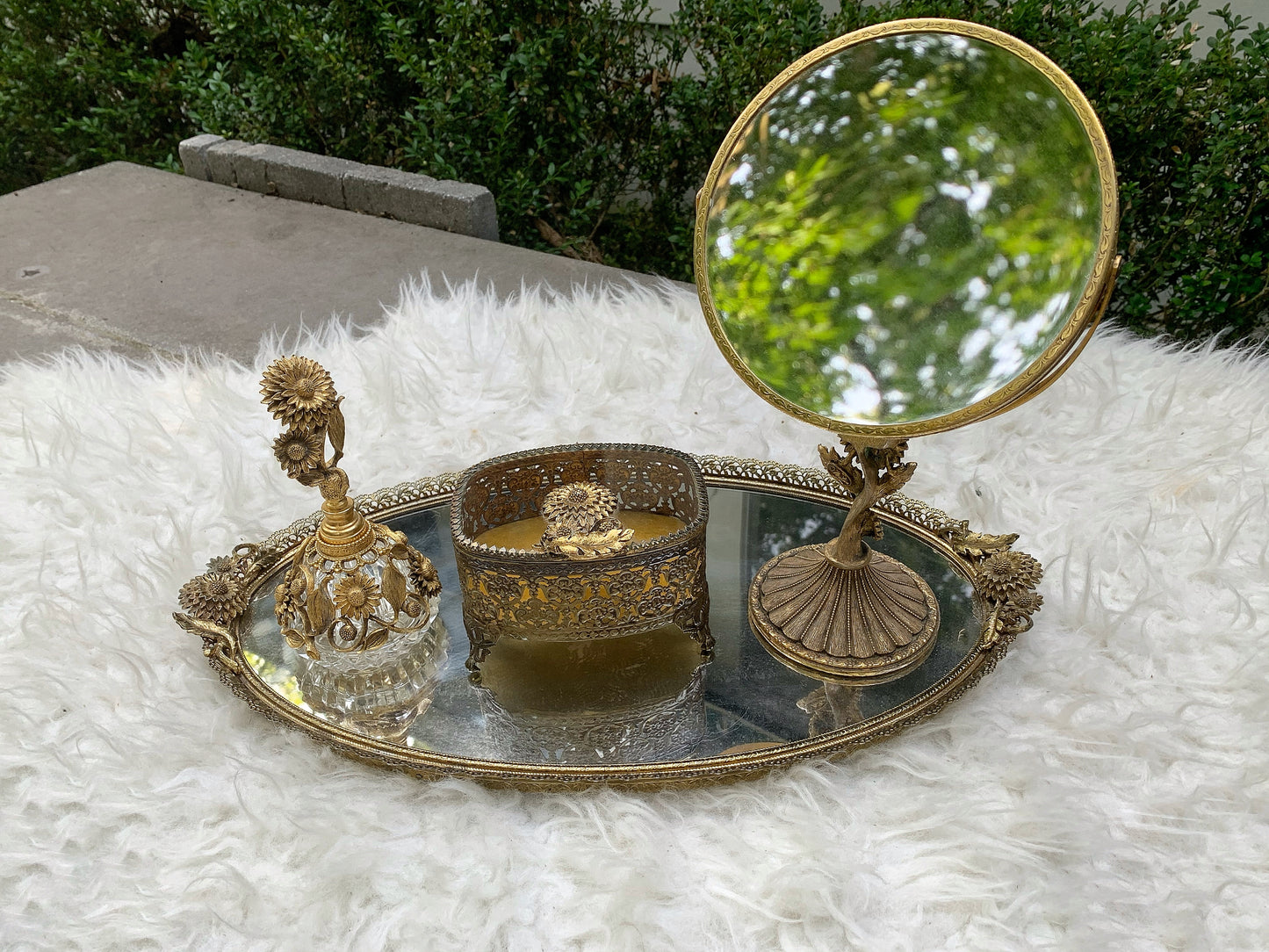 Vintage Matson Vanity Pedestal Mirror Gold Gilt Sunflower on Base 2 Sided Magnifier