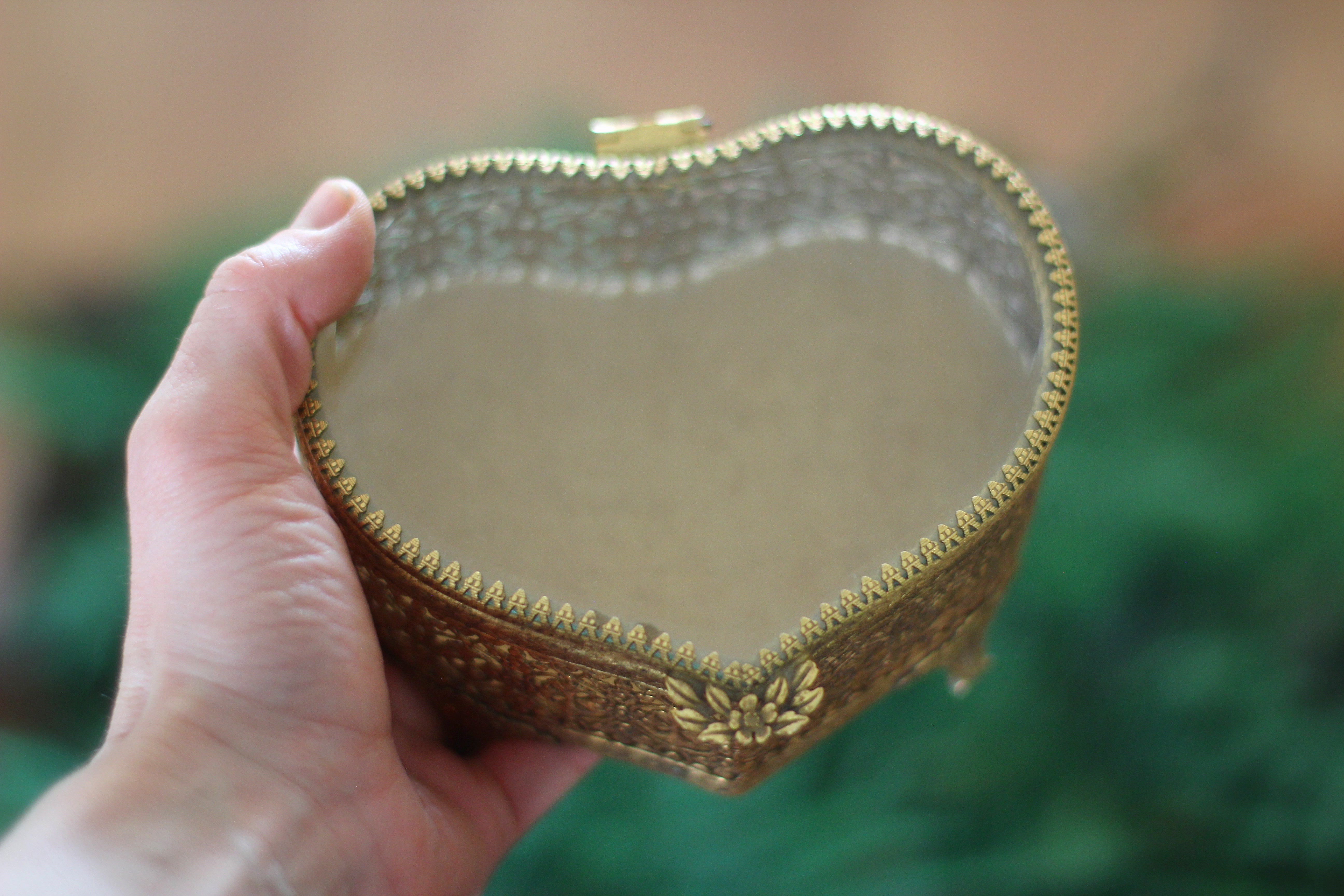 Heart Shaped Antique Ormolu Filigree Jewelry Box #132