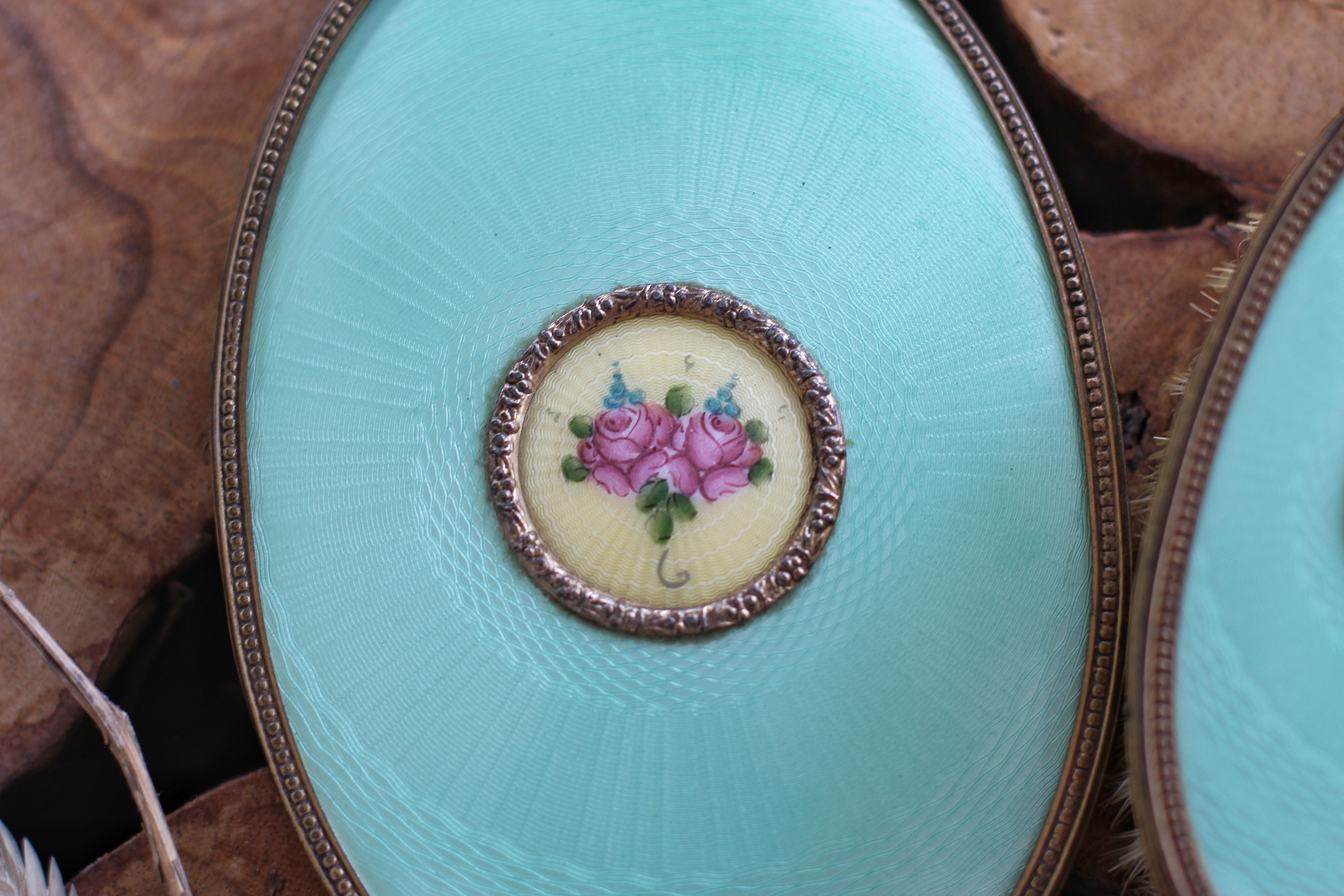 Antique Guilloche Turquoise Floral Vanity Set