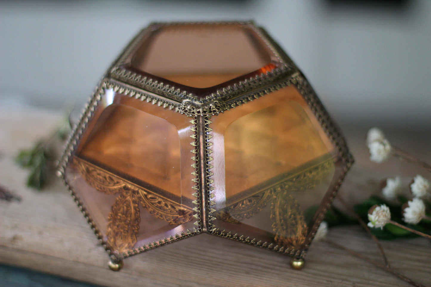 Vintage Amber Tinted French Victorian Rare Jewelry Box - Reserved