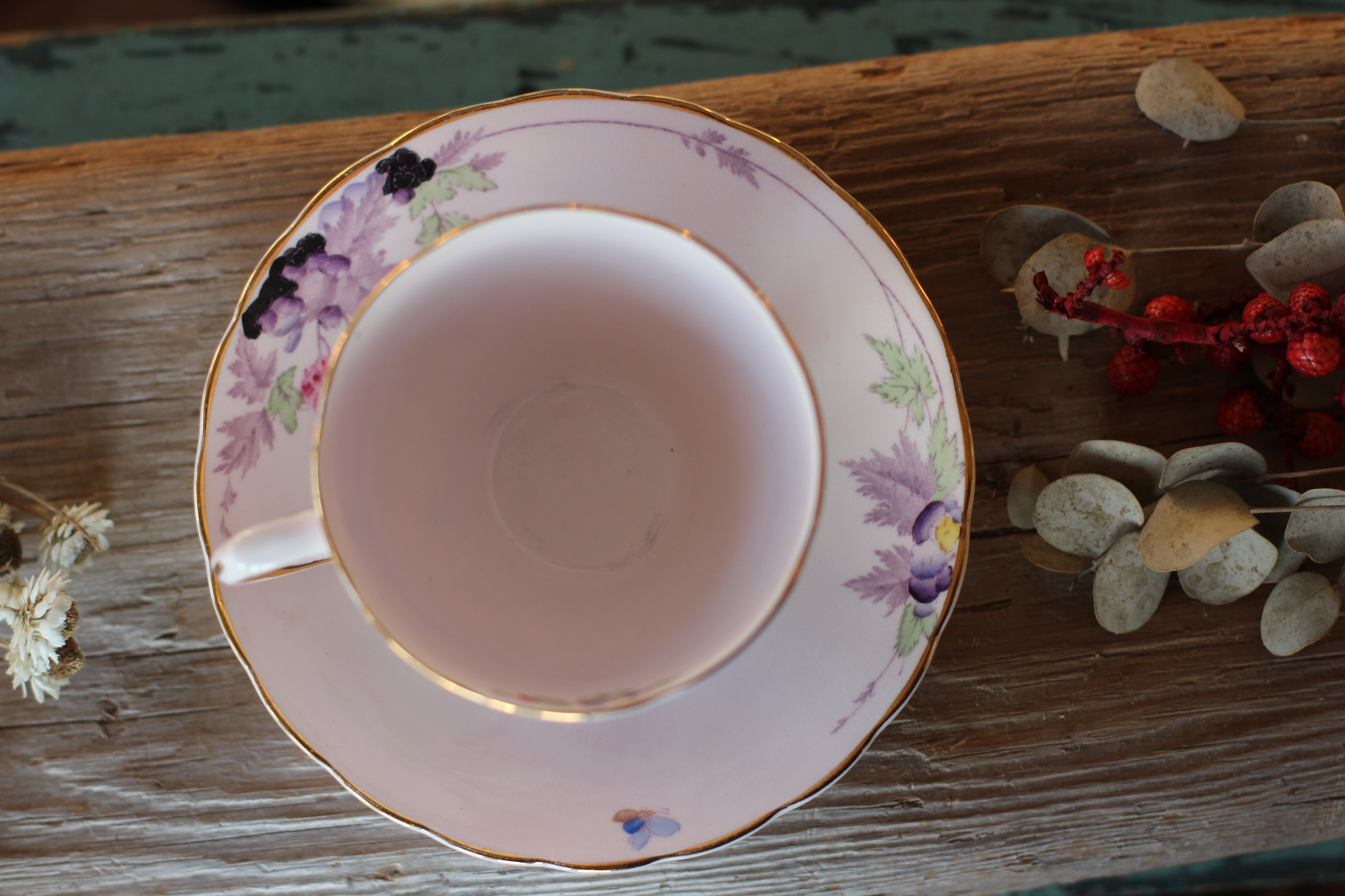 Vintage Pink Flowers Butterfly Tuscan Tea Cup Set