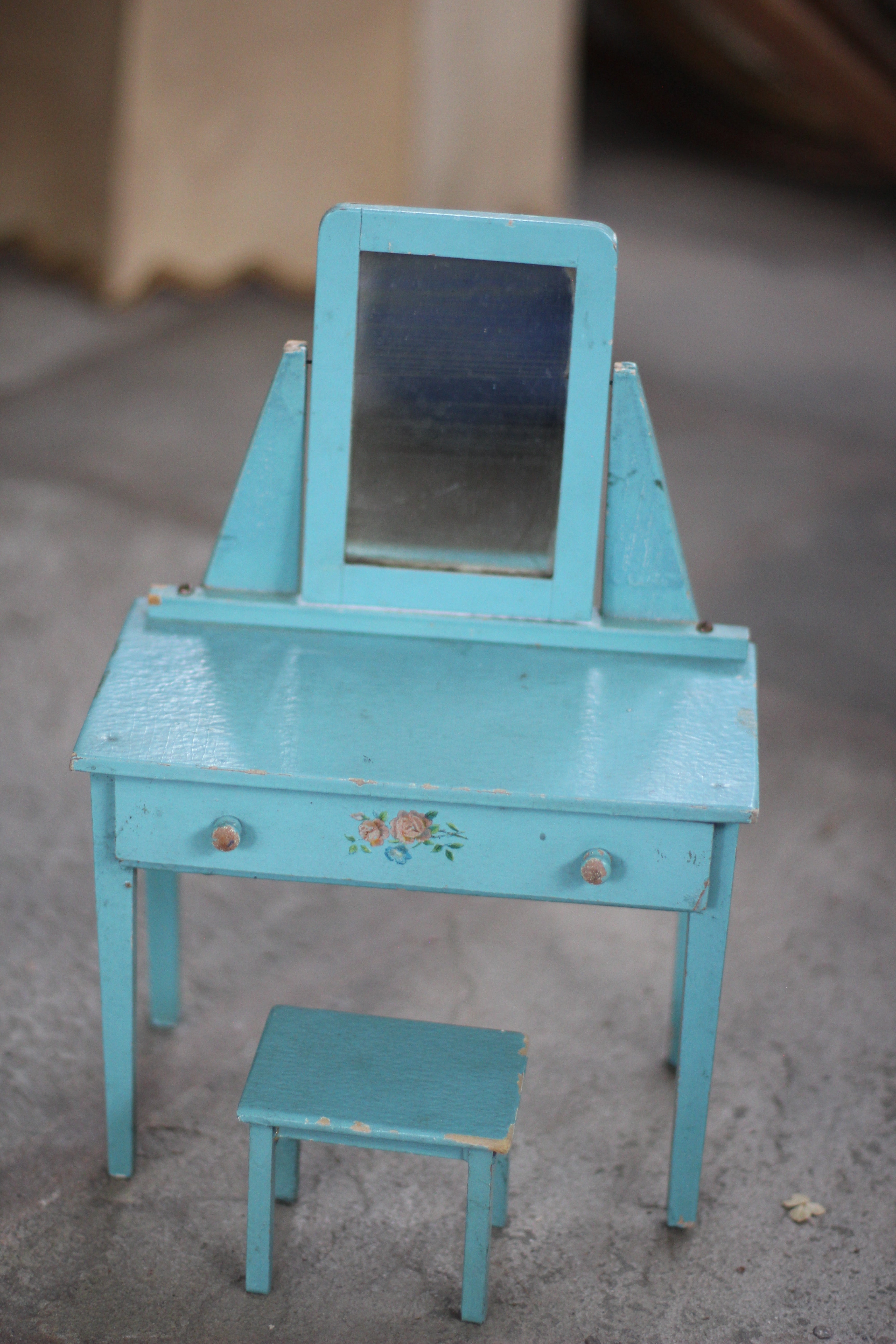 Antique Miniature Floral Blue Dresser