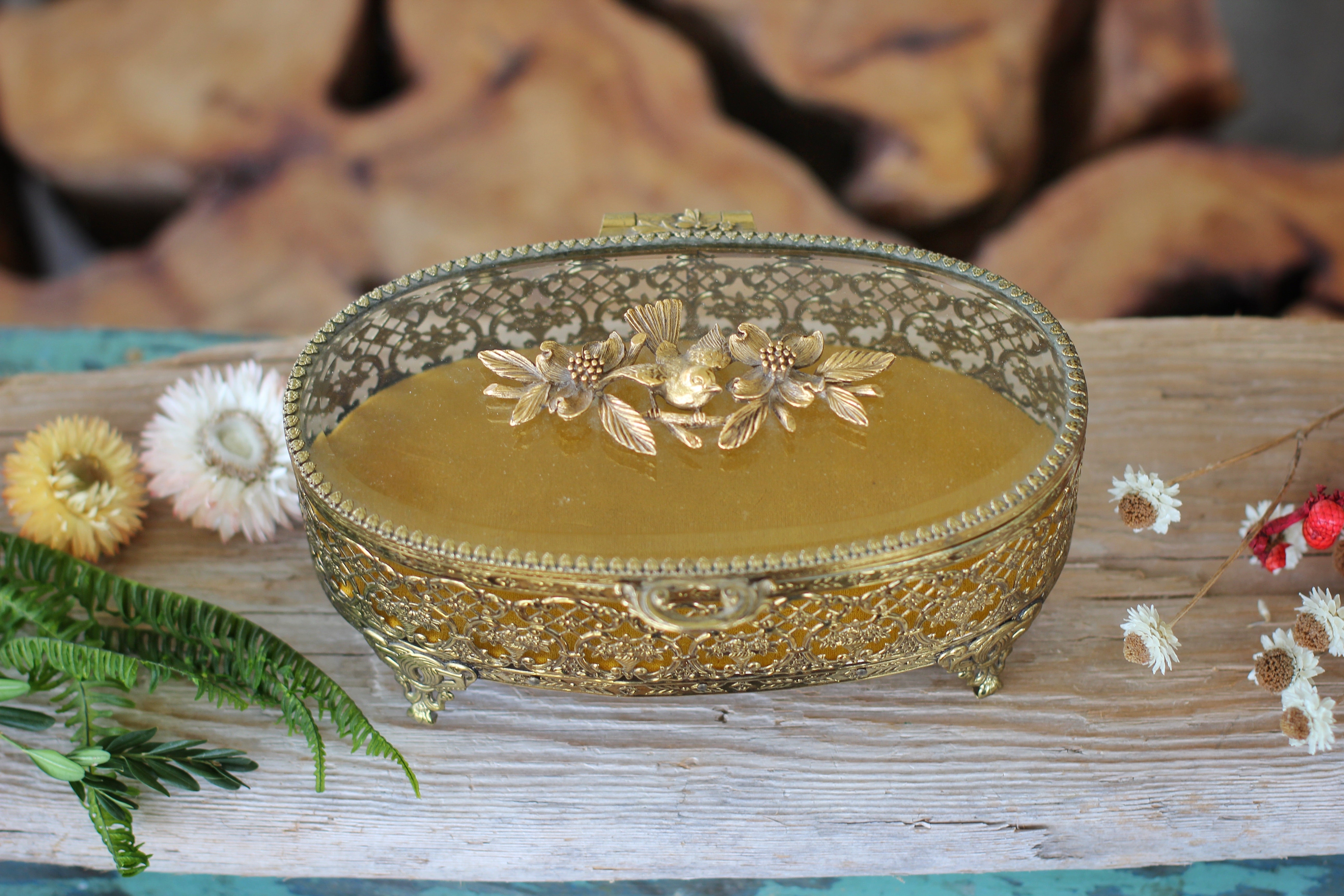 Antique Floral Dogwood Bird Jewelry Box