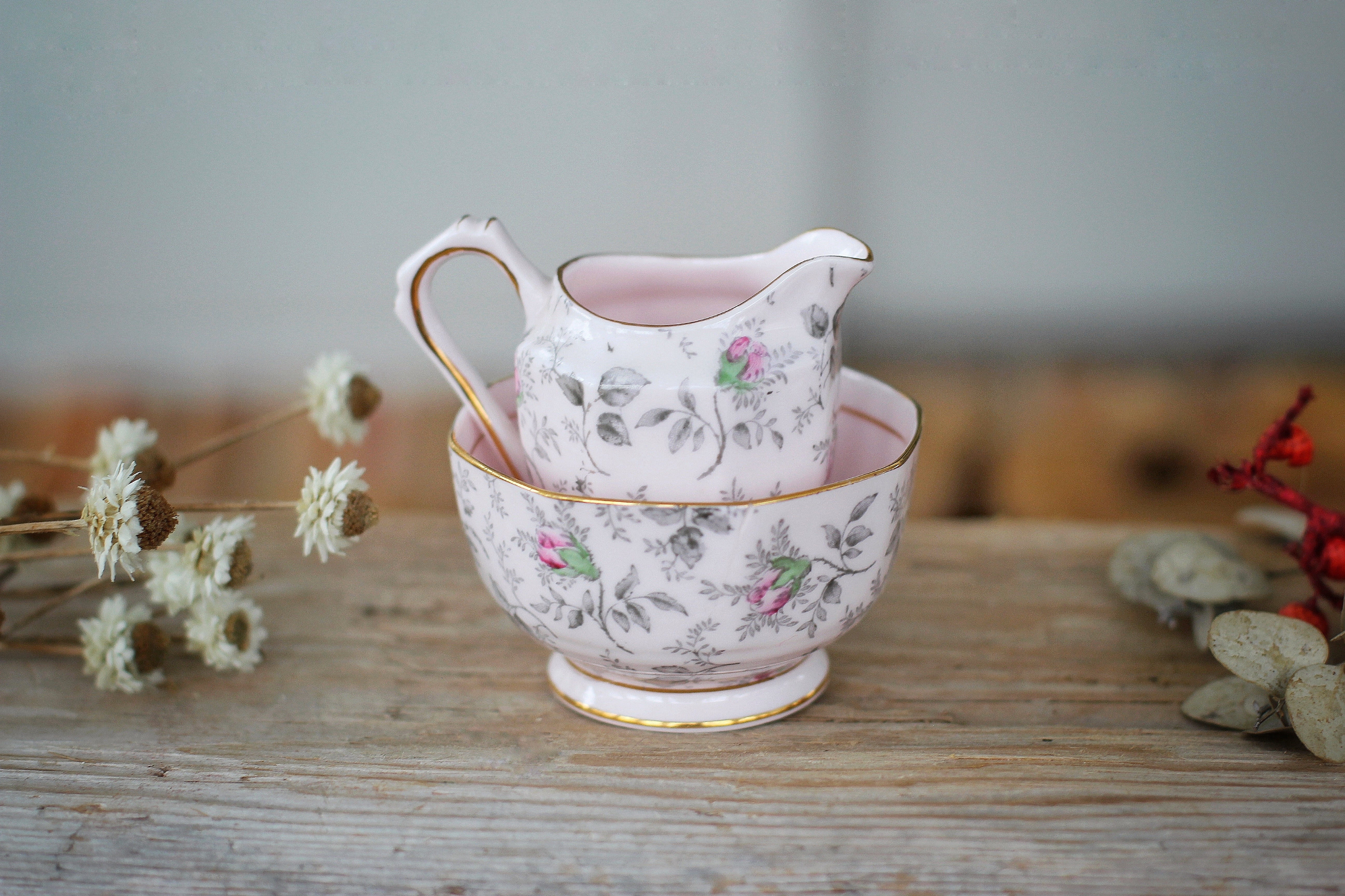 Vintage Pink Floral Tuscan Creamer & Sugar Bowl