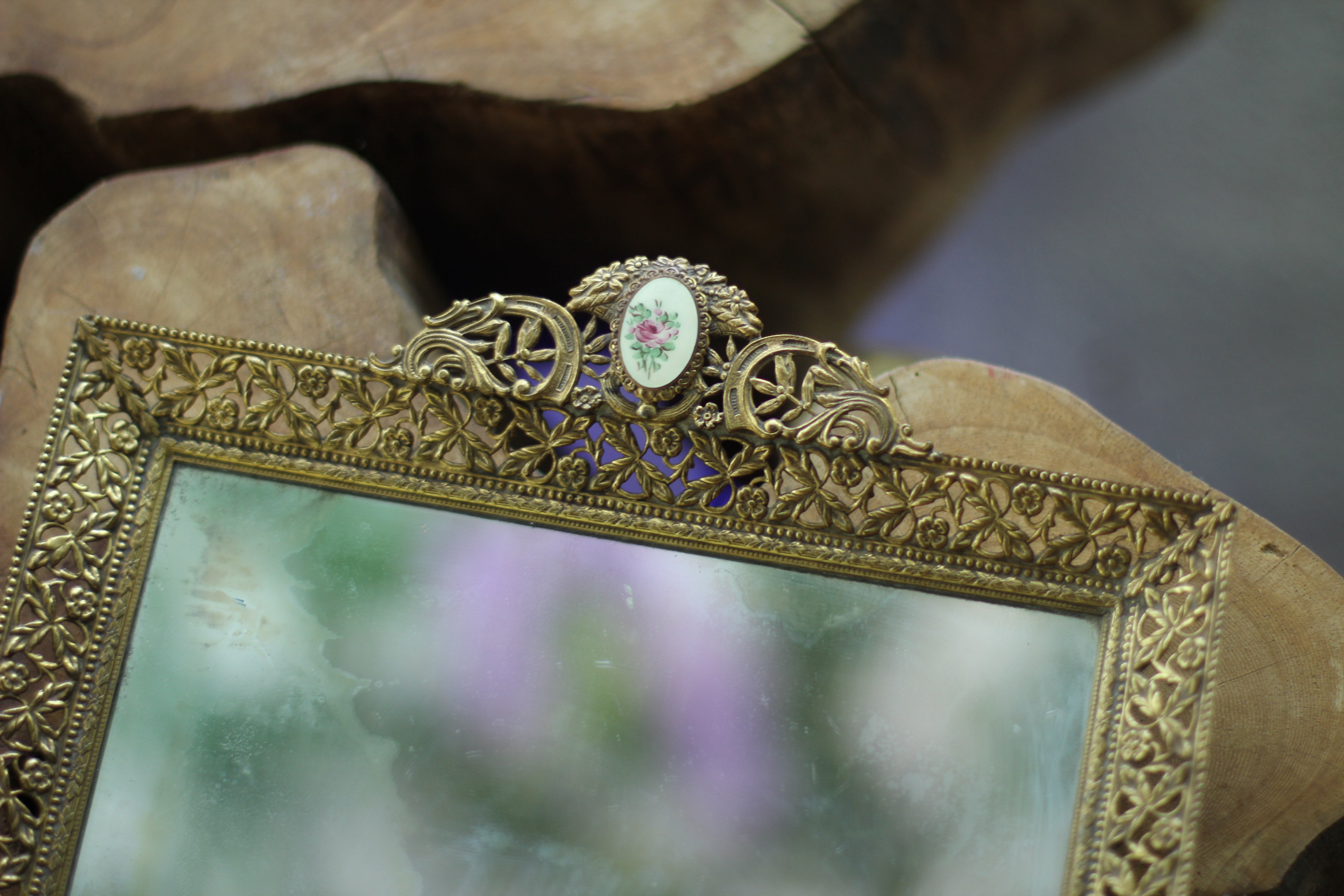 Antique Floral Roses Guiloche Mirror Tray