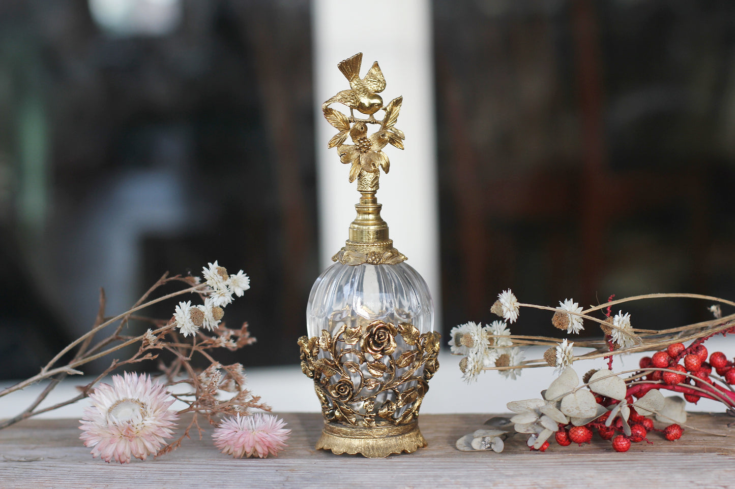 Antique Matson Roses Birds Dogwood Flowers Perfume Bottle