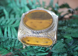 Antique Filigree Amber Glass Jewelry Box