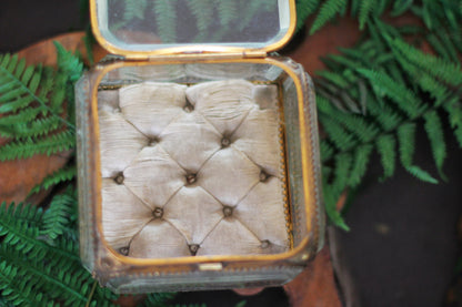 Antique French Victorian Tufted Square Glass Jewelry Box Ormolu