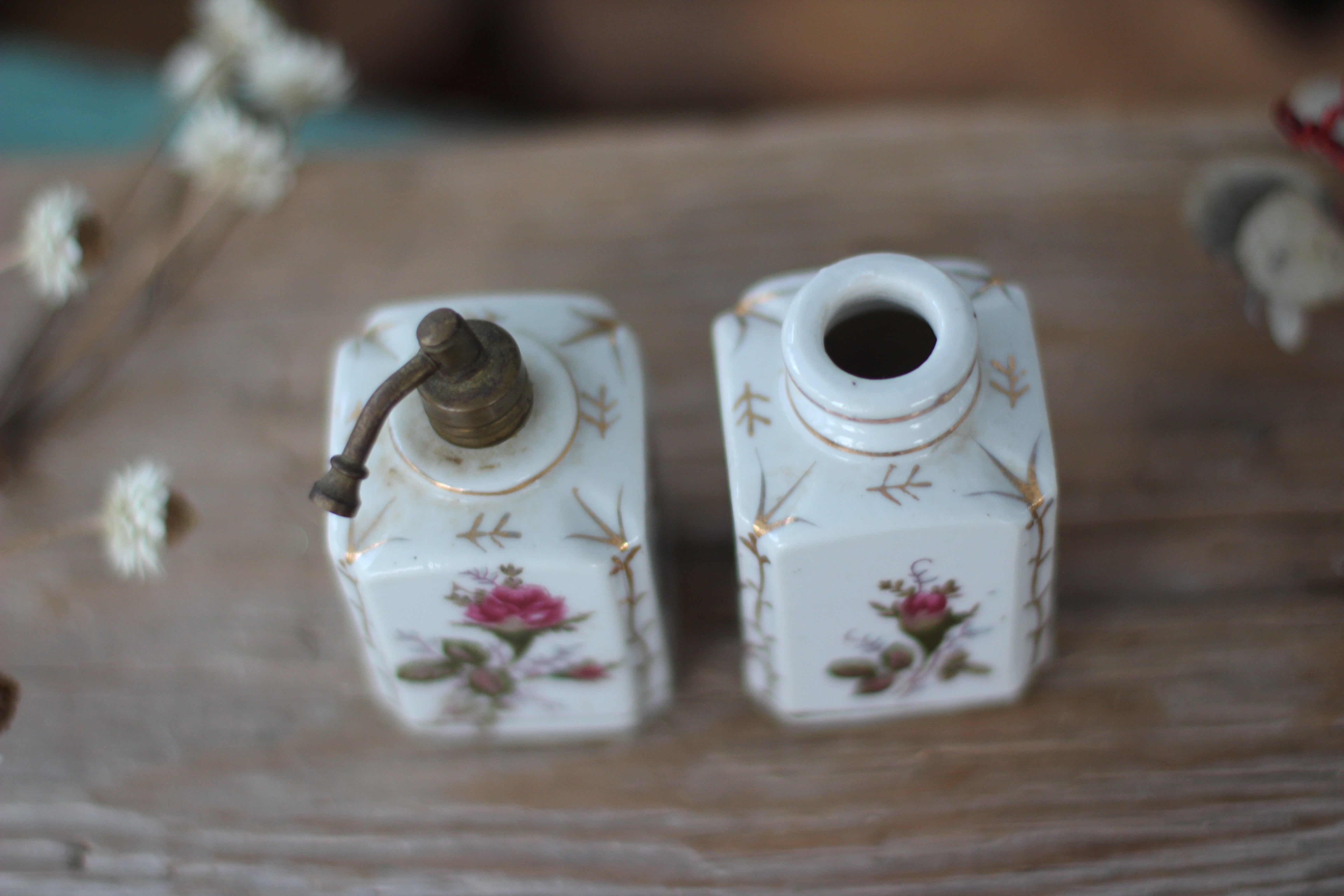 Antique Hand Painted Floral Roses Bottle Set