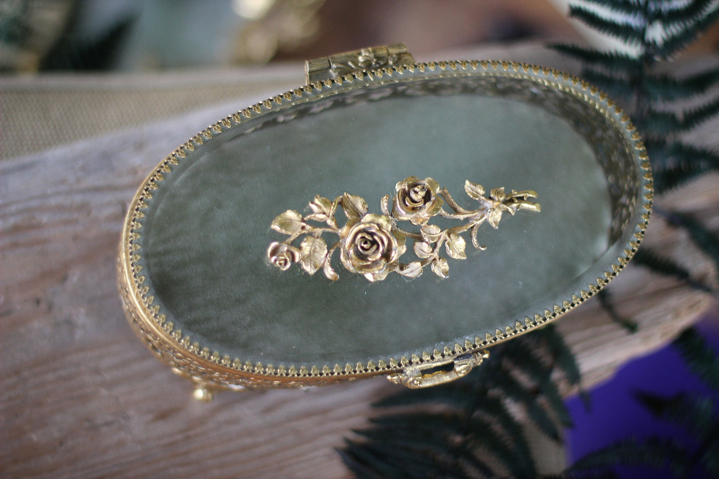 Antique Turquoise Oval Roses Jewelry Box