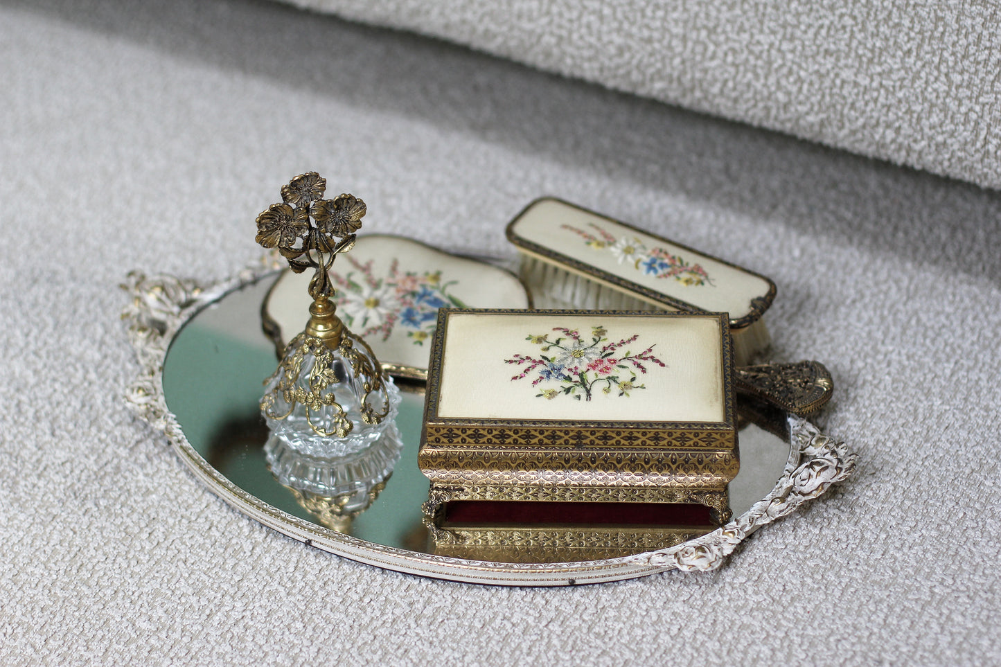Antique White Gold Floral Rose Vanity Mirror