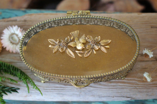 Antique Floral Dogwood Bird Jewelry Box