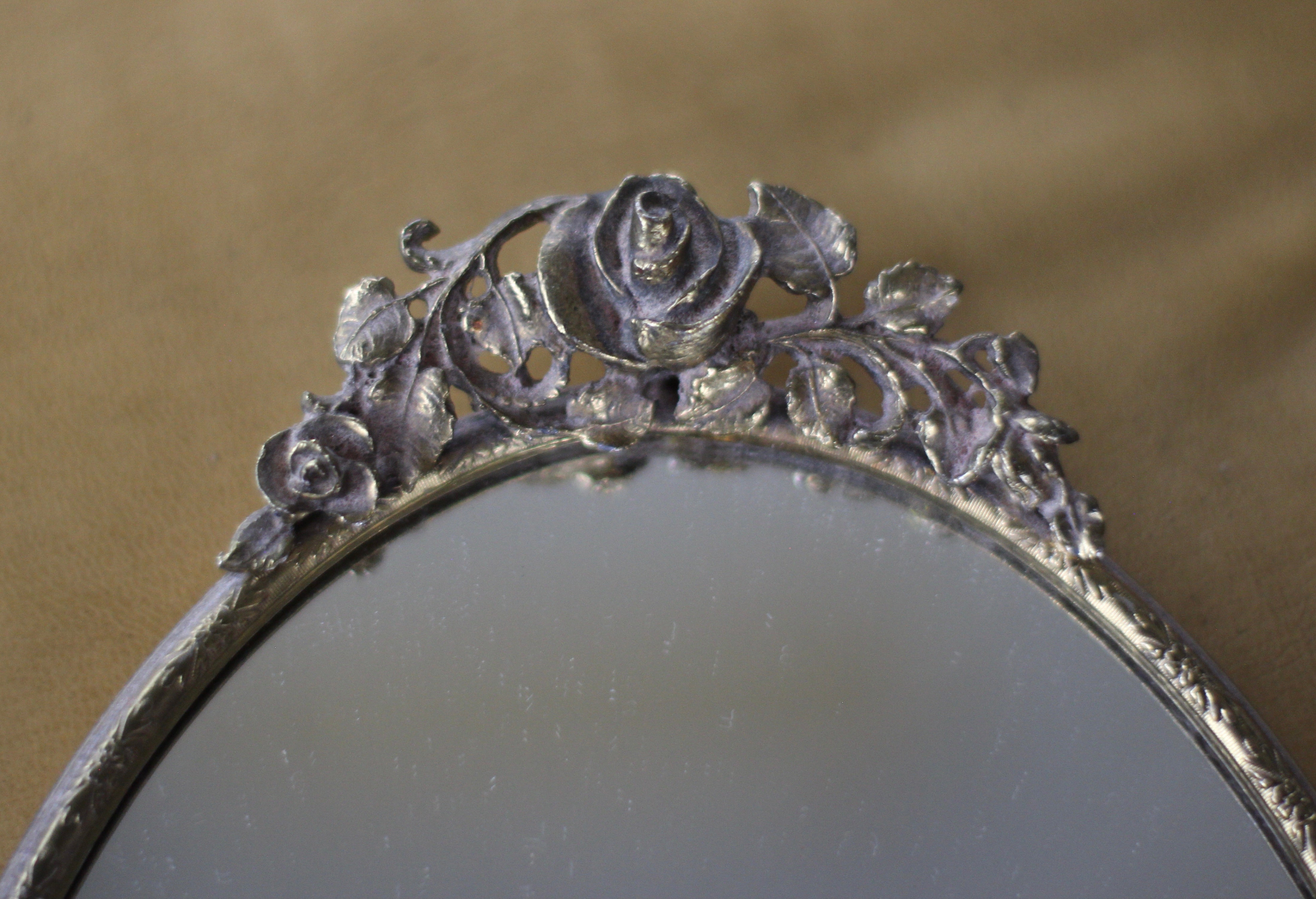 Antique Small Roses Bronze Filigree Mirror Tray