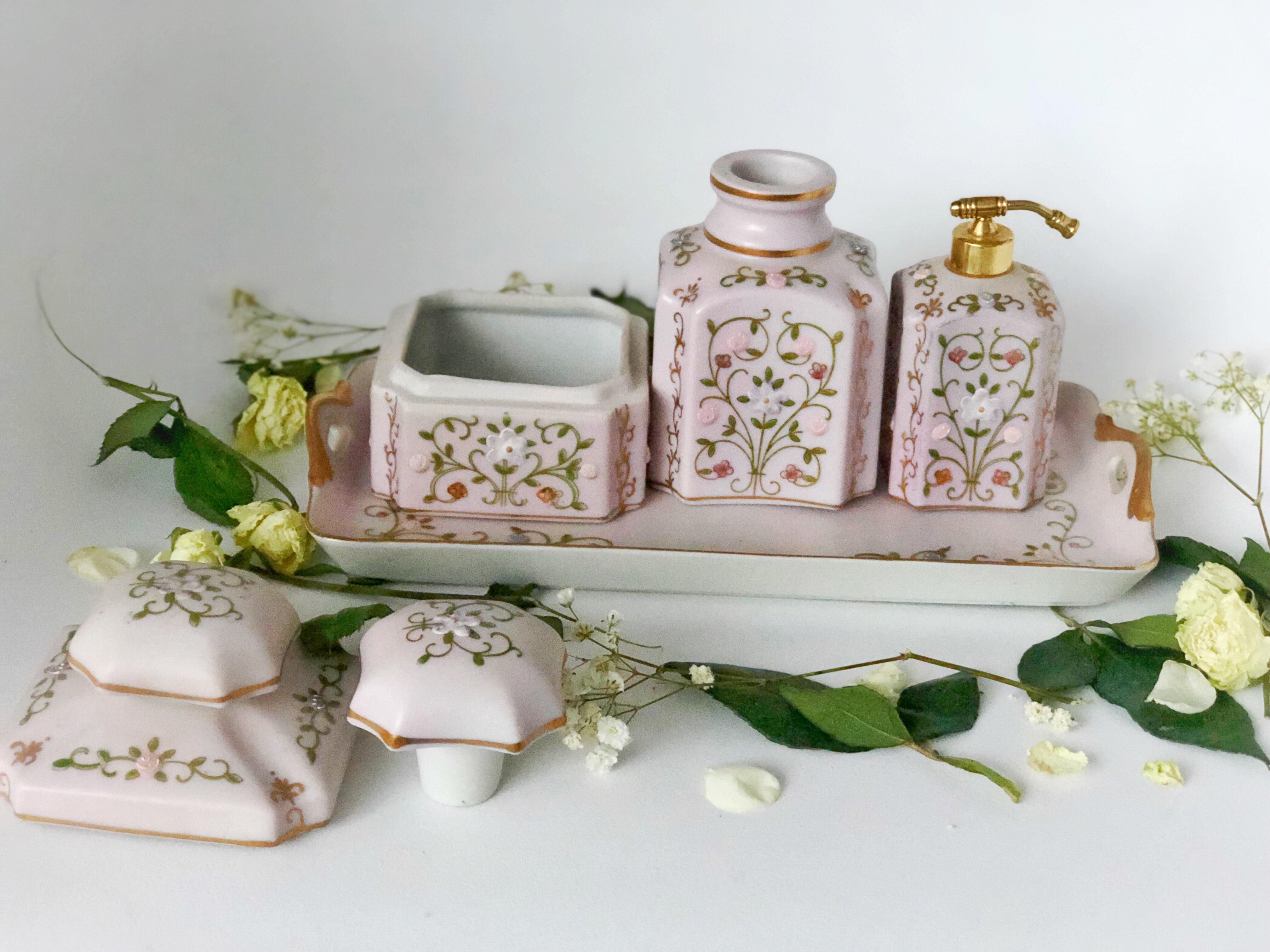 Hand Painted Pink Floral Porcelain Set