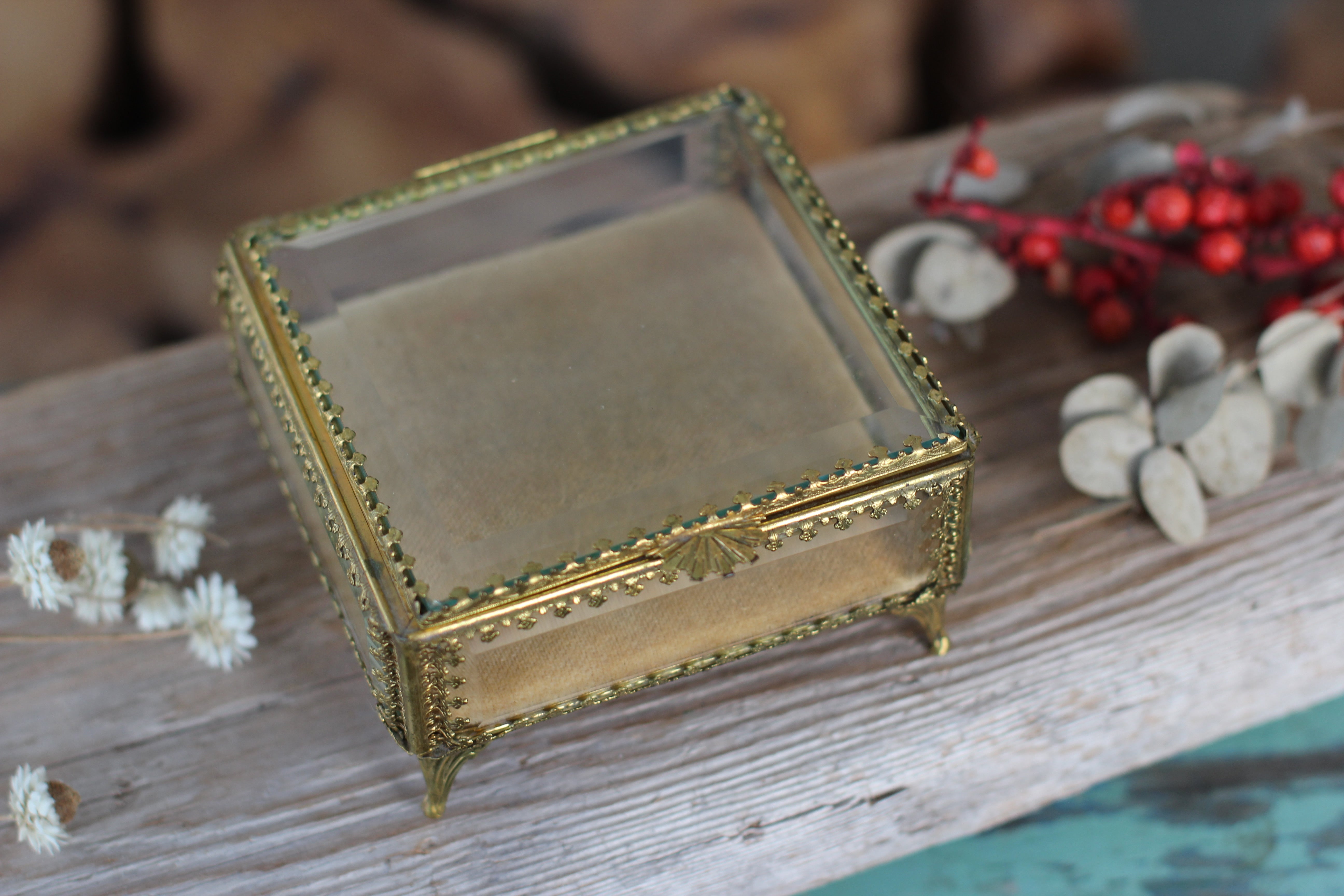 Vintage Ormolu Square Glass Jewelry Box