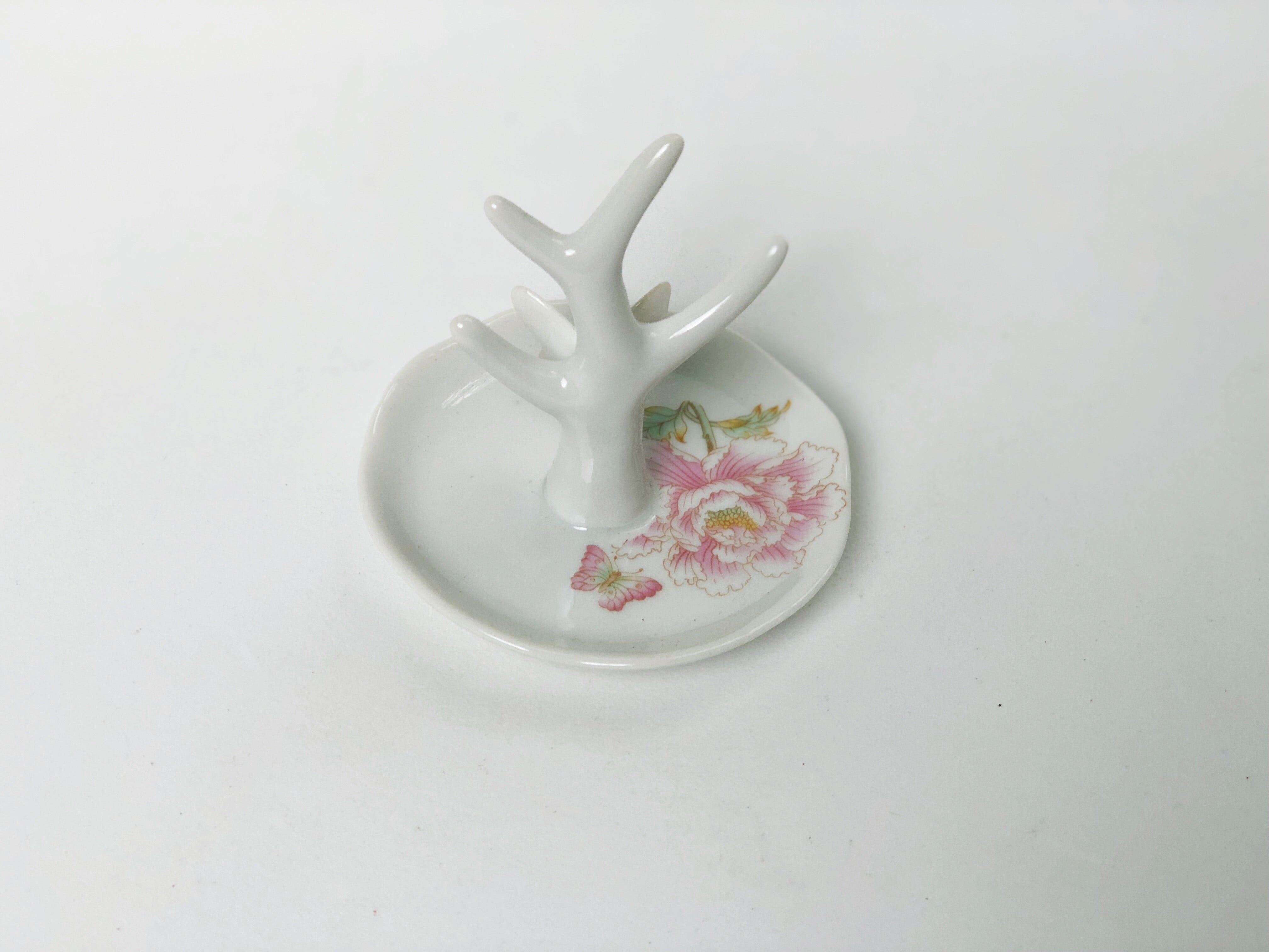 Antique Butterfly Flowers Porcelain Ring Holder