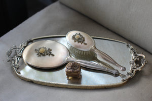 Antique Floral Silver Bronze Filigree Mirror Tray