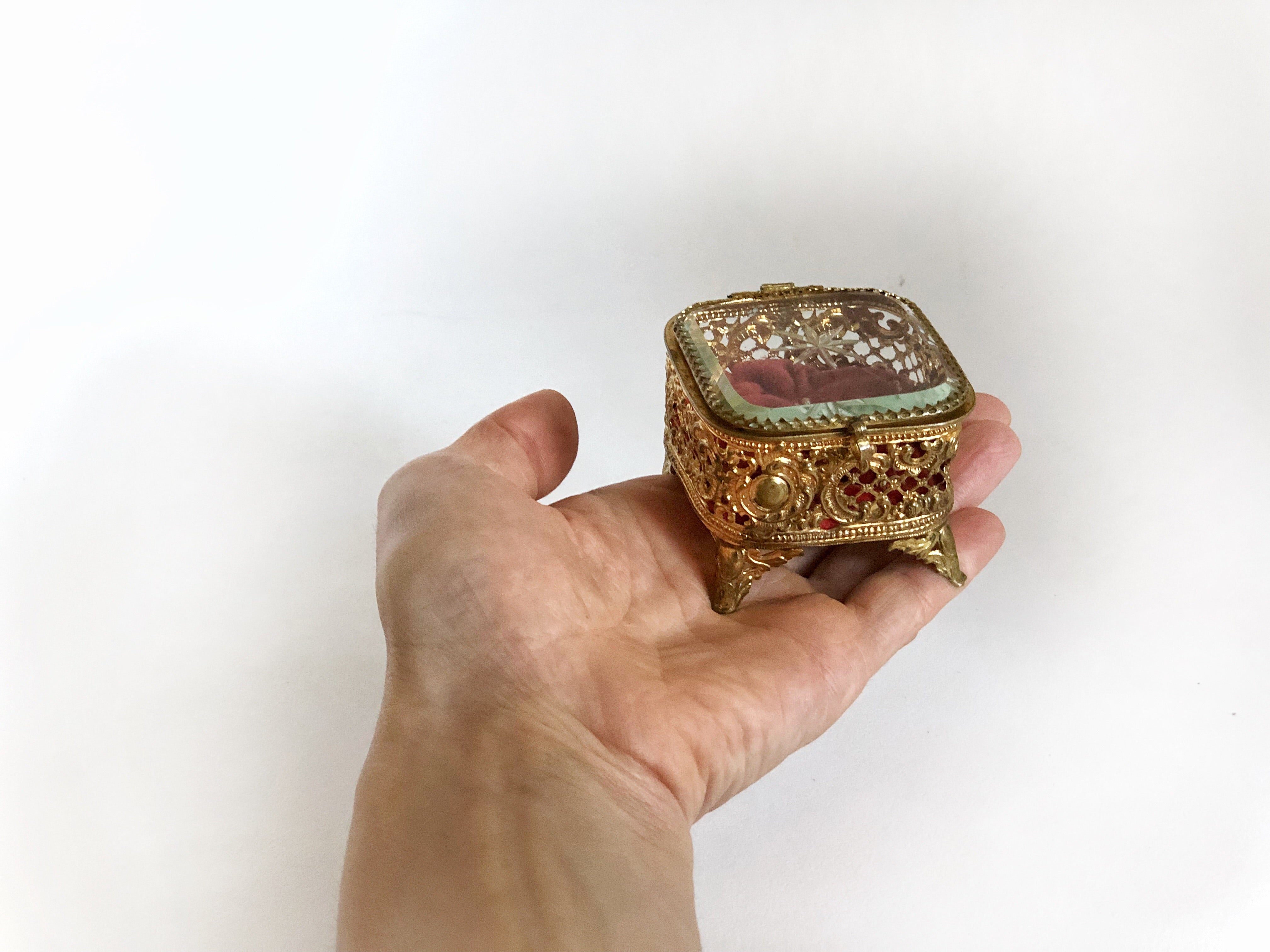Tiny Red Tufted Vintage Jewelry Box