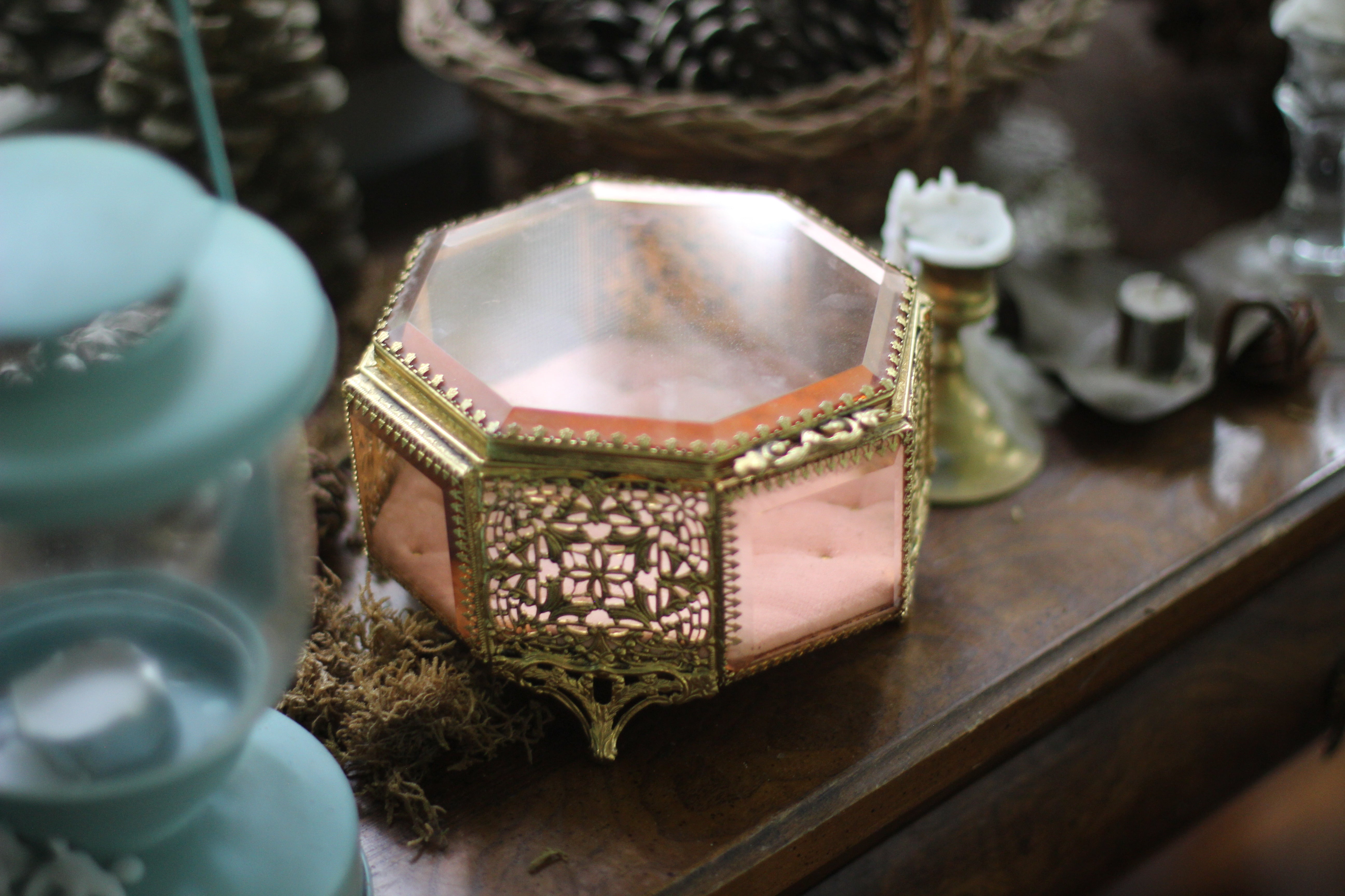 Antique Rare Pink Tufted Jewelry Box