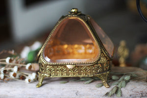 Antique Rare Floral French Victorian Amber Glass Jewelry Box