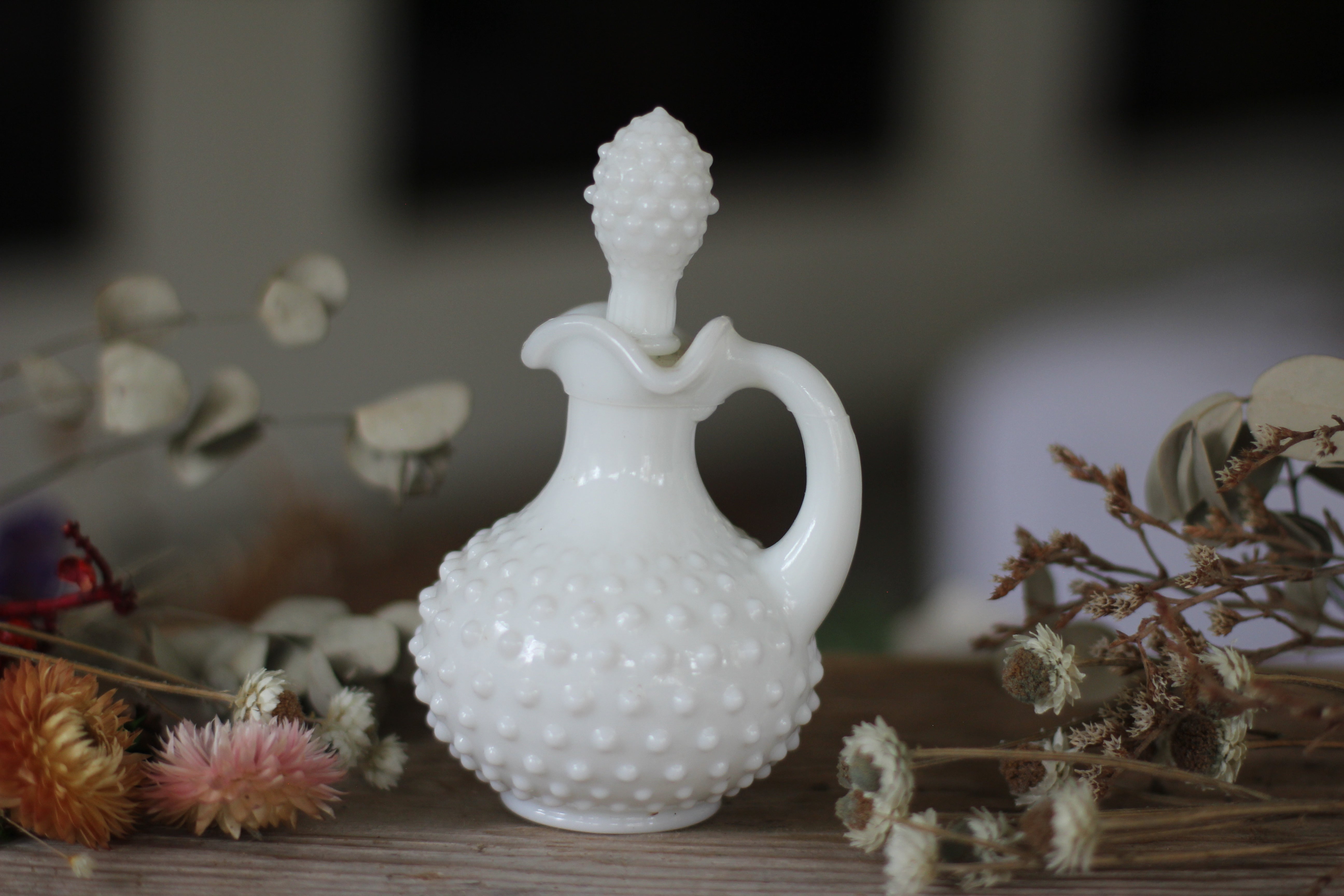 Antique White Glass Hobnail Decanter