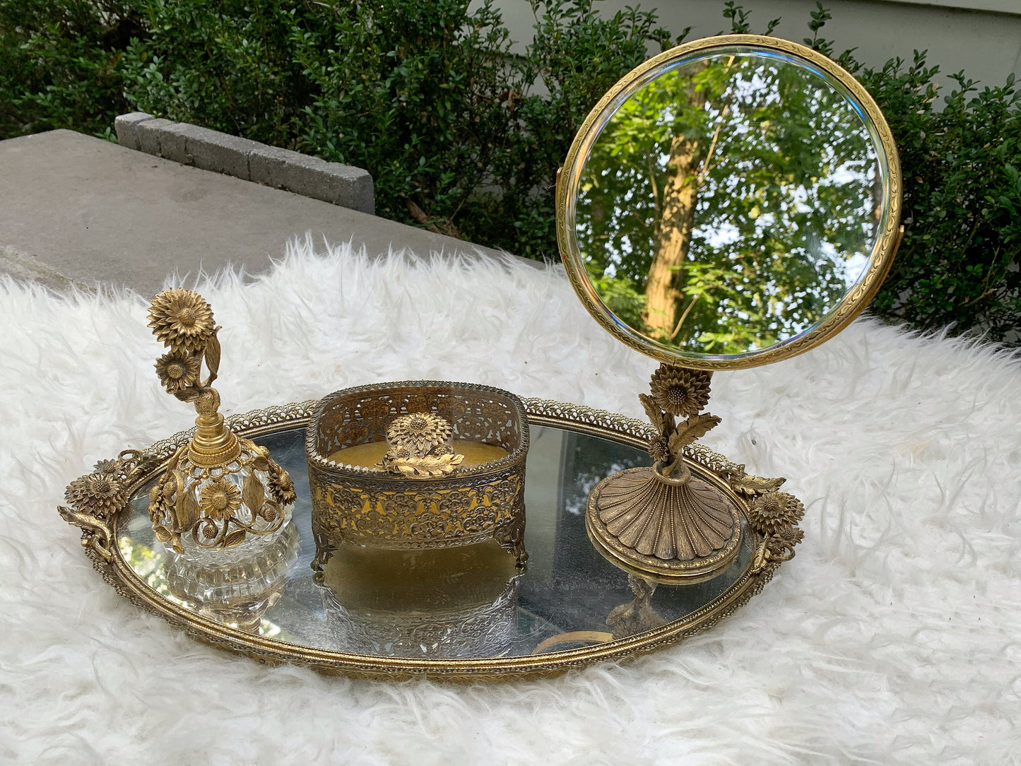 Vintage Matson Vanity Pedestal Mirror Gold Gilt Sunflower on Base 2 Sided Magnifier