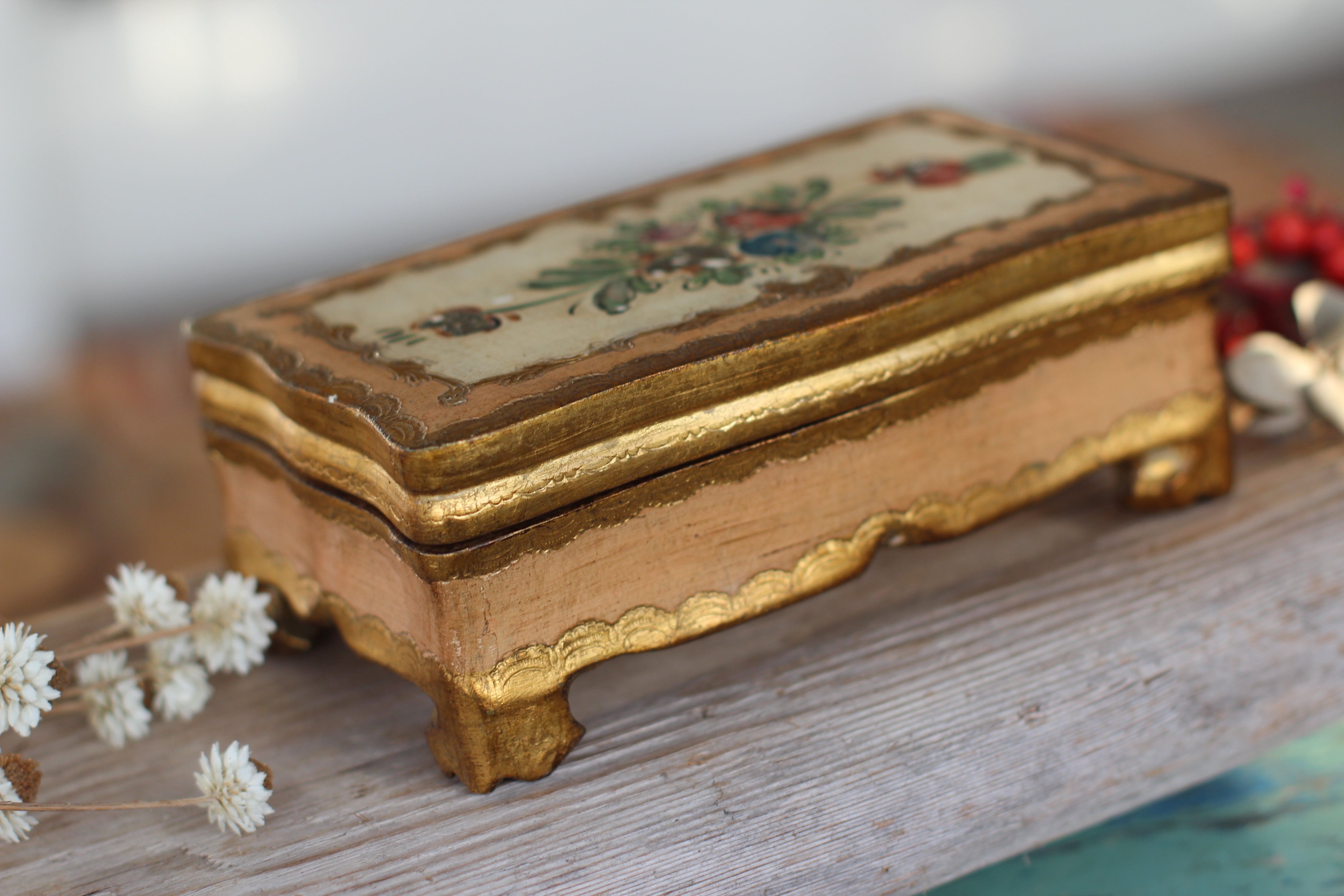 Vintage Florentine Hand Painted Floral Wood Jewelry Box