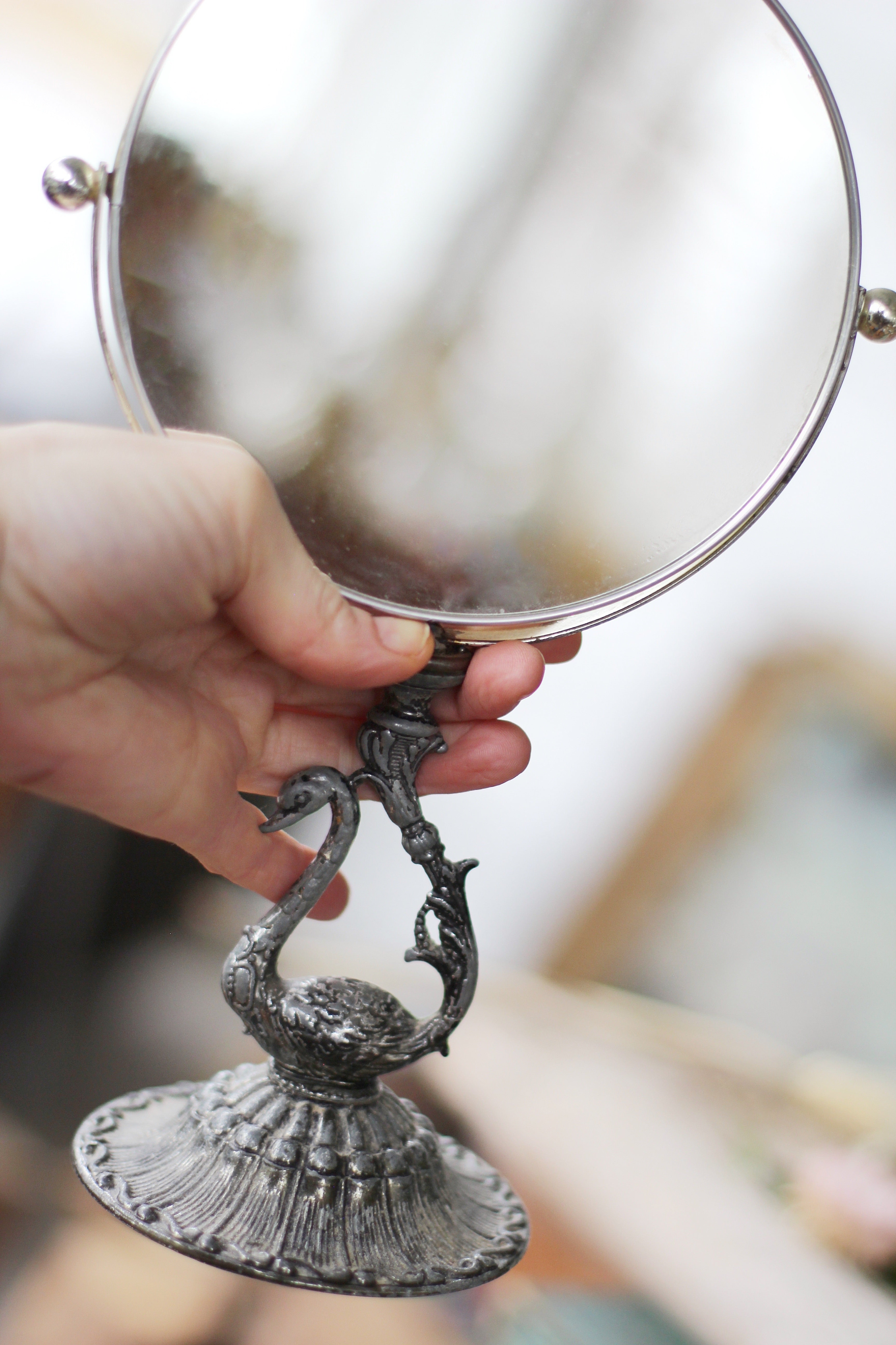 Vintage Silver Bird Vanity Pedestal Mirror on Base 2 Sided Magnifier