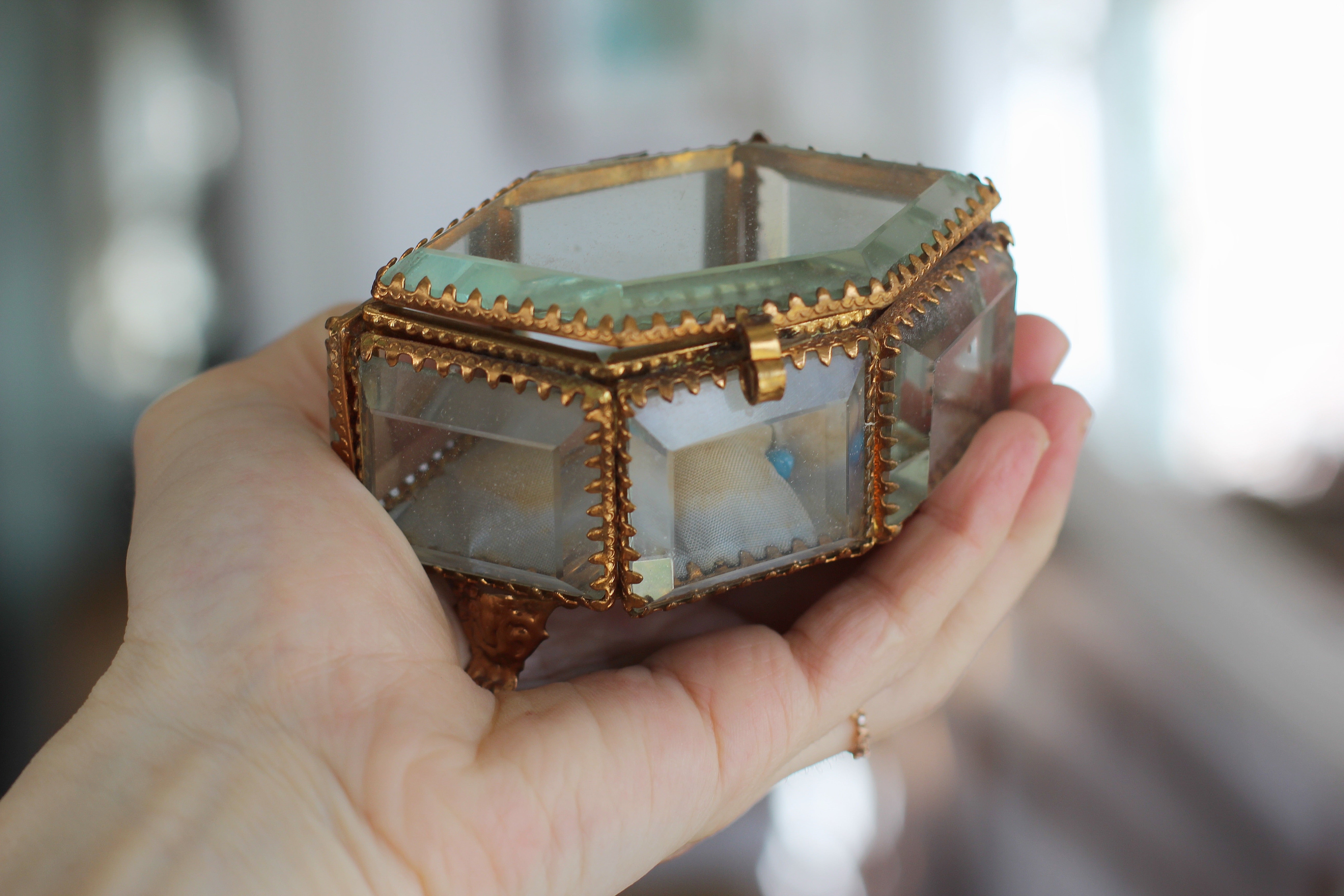 Antique French Victorian Blue Tufted Padding Jewelry Box