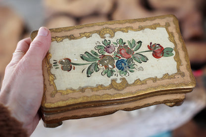 Vintage Florentine Hand Painted Floral Wood Jewelry Box