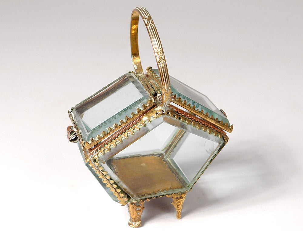 Antique Basket Beveled Glass Rare Jewelry Box
