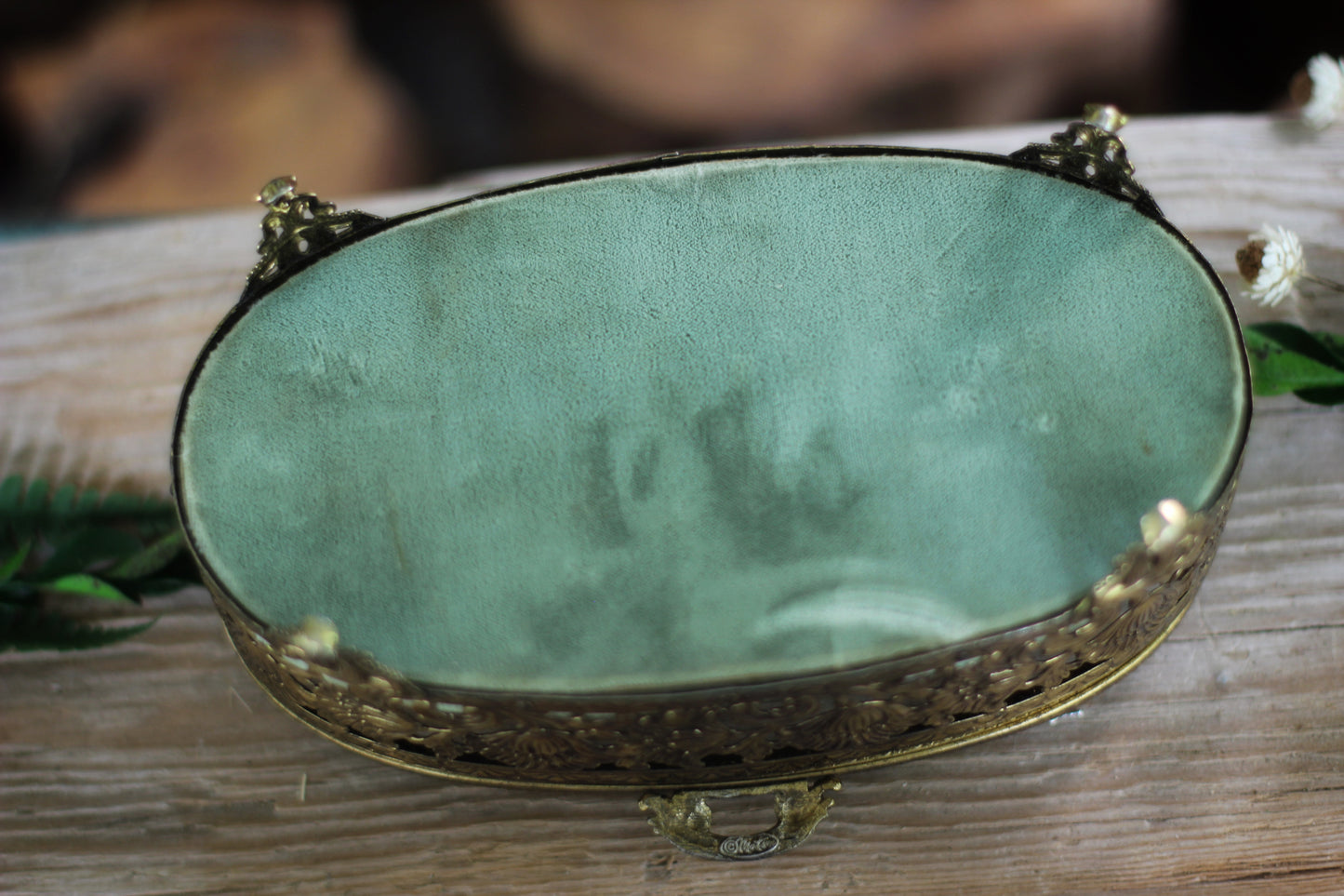 Antique Turquoise Oval Floral Dogwood Jewelry Box