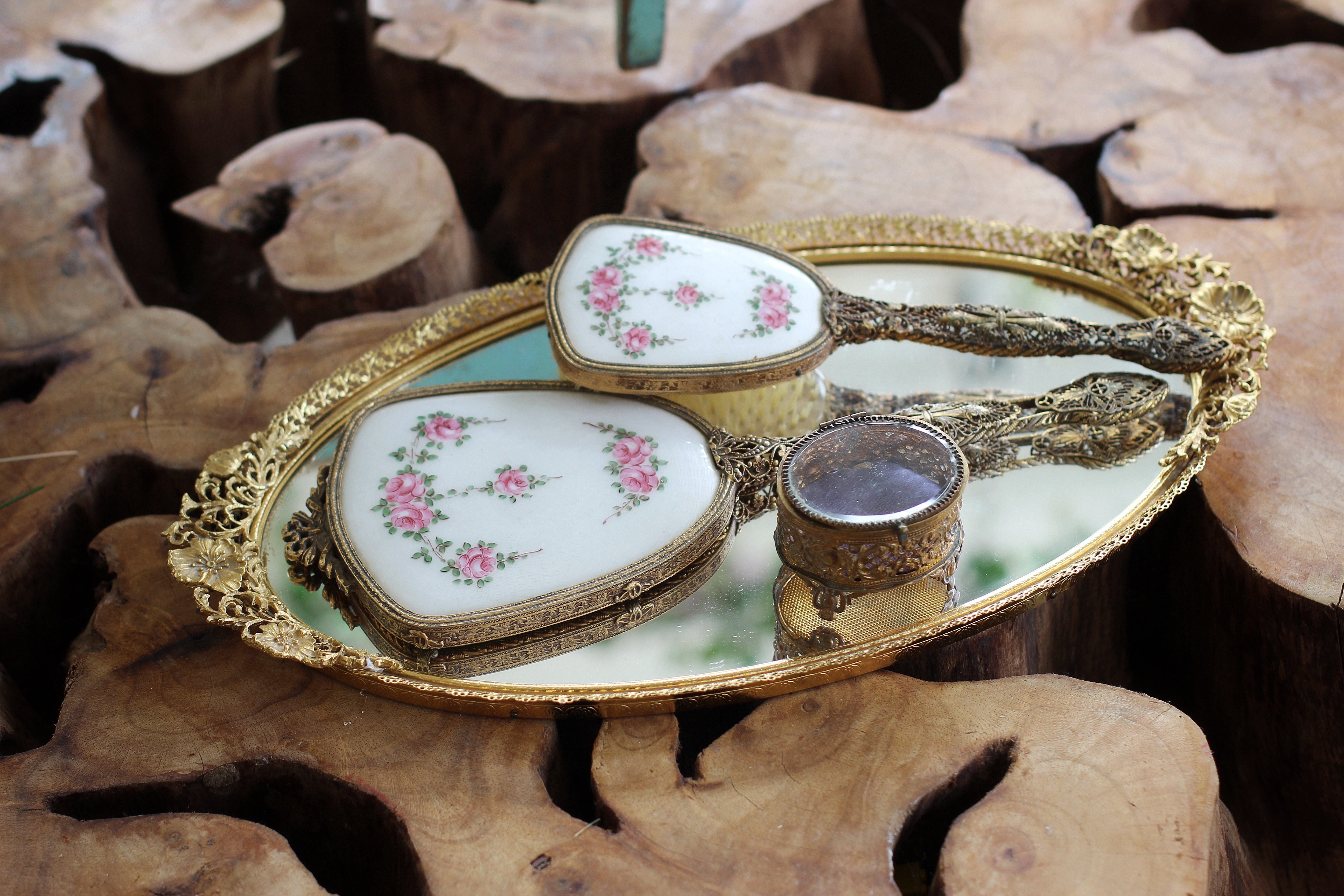 Antique Floral Dogwood Mirror Tray