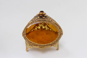 Antique Rare Floral French Victorian Amber Glass Jewelry Box